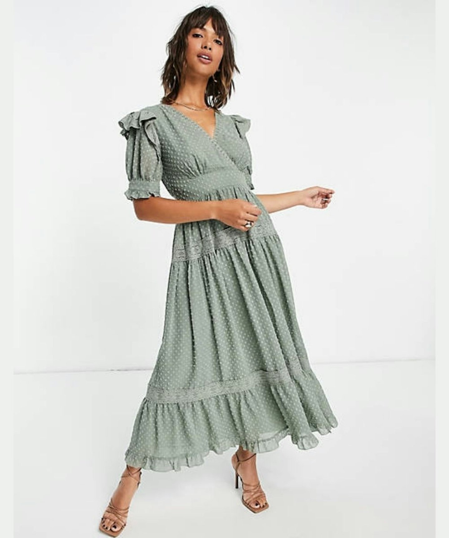 ASOS DESIGN Wrap Front Lace Insert Dobby Midi Tea Dress