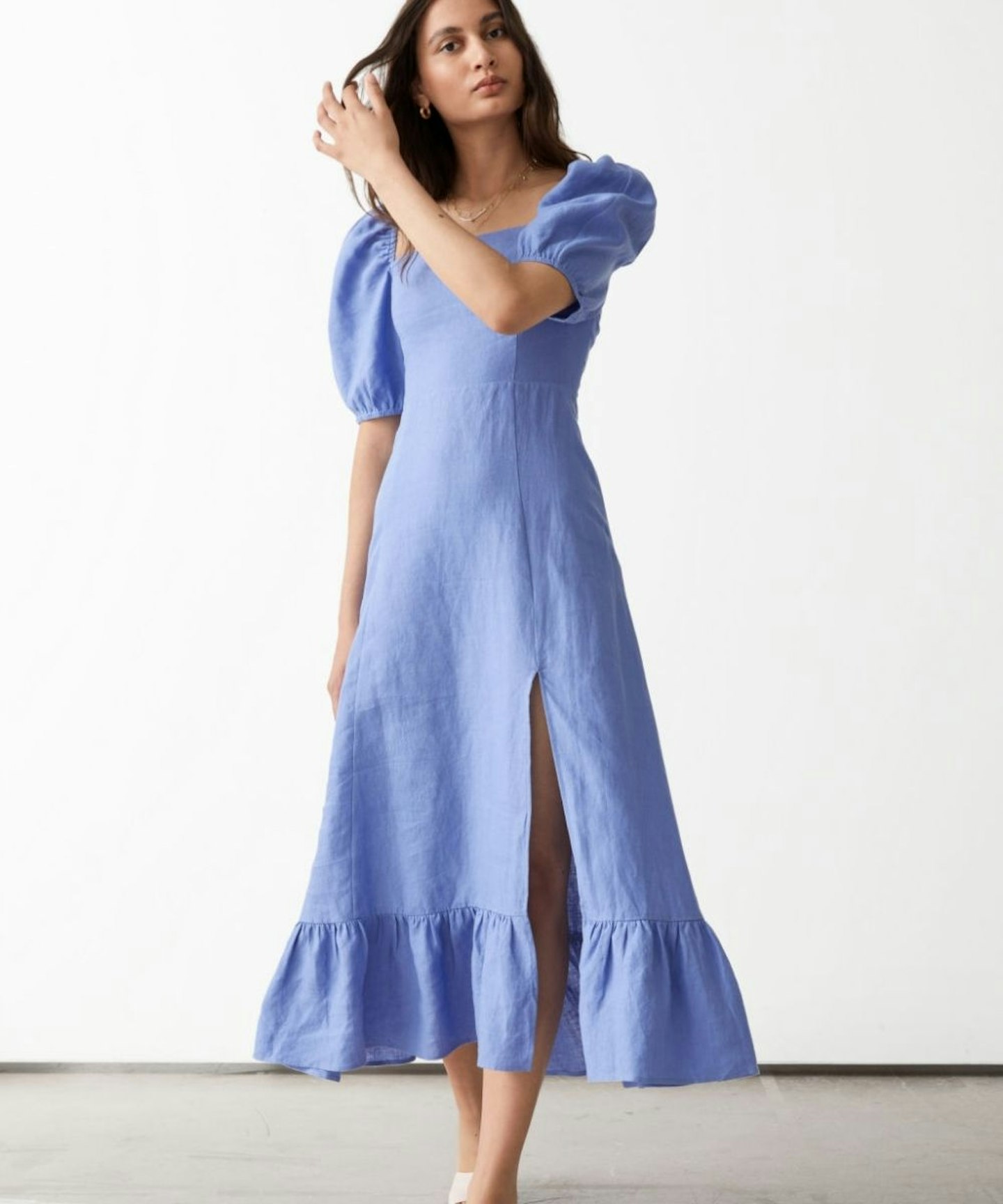 Linen Puff Sleeve Midi Dress