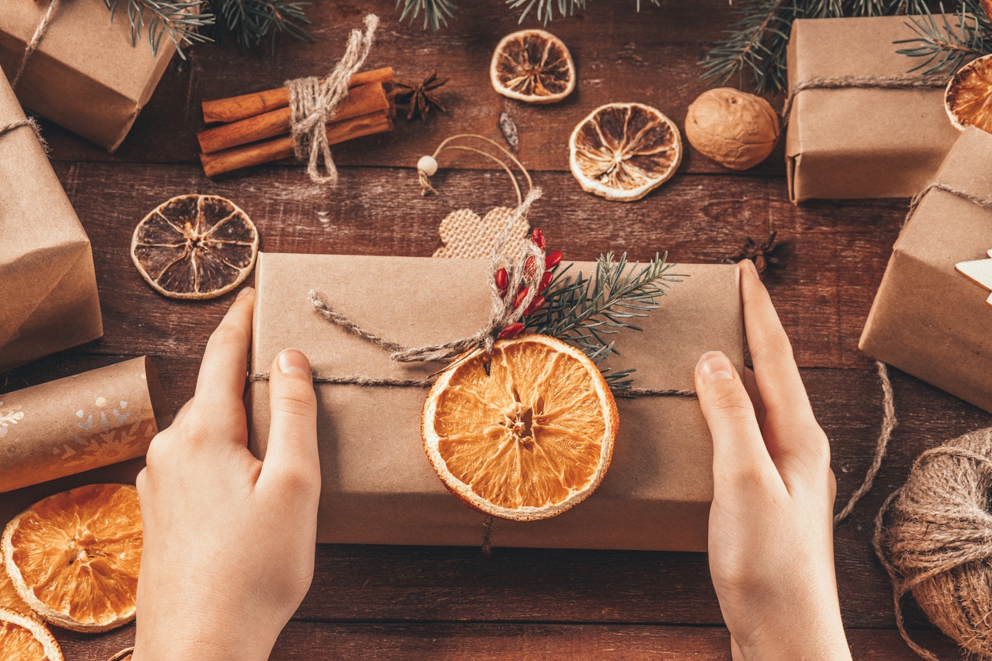 eco-friendly wrapped gift with foraged goods