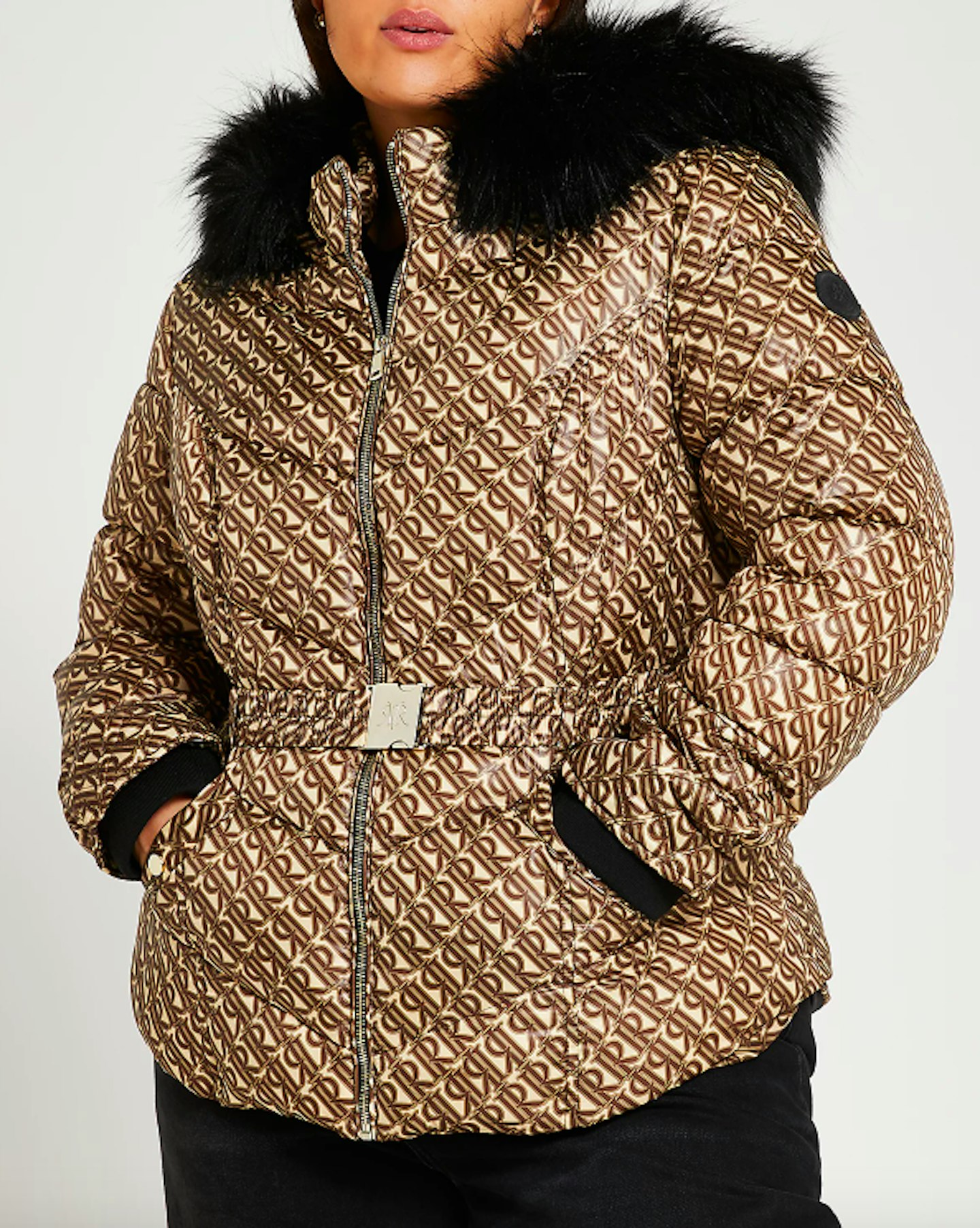 Plus Brown Monogram Belted Puffer Coat, WAS £75 NOW £50