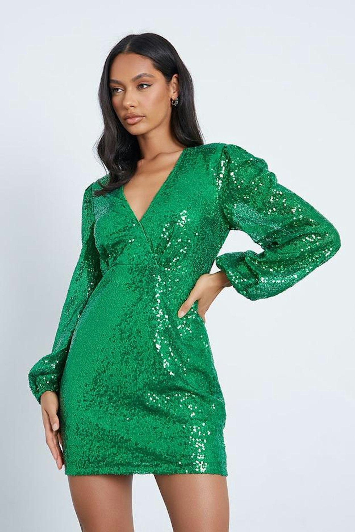 Green Sequin Balloon Sleeve Plunge Bodycon Dress