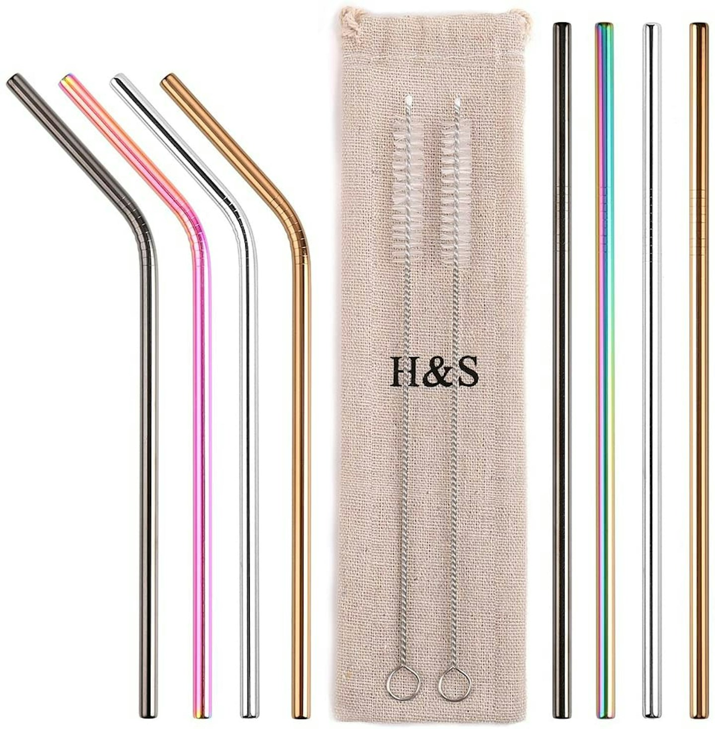 H&S 8 Metal Straws Reusable Coloured Stainless Steel Drinking Straws and Brushes