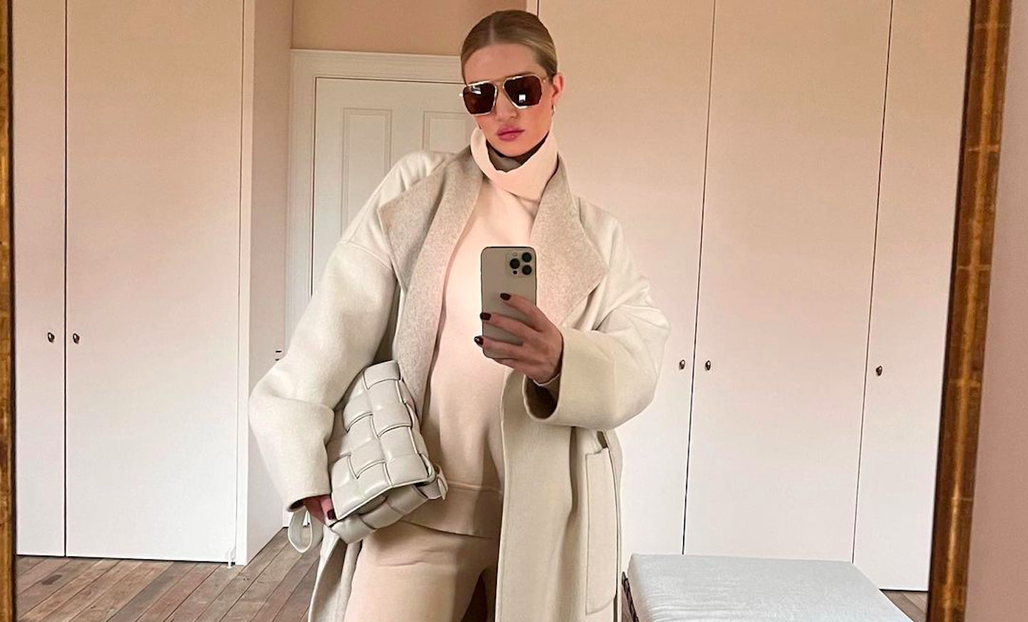 Rosie Huntington-Whitley wearing beige loungewear
