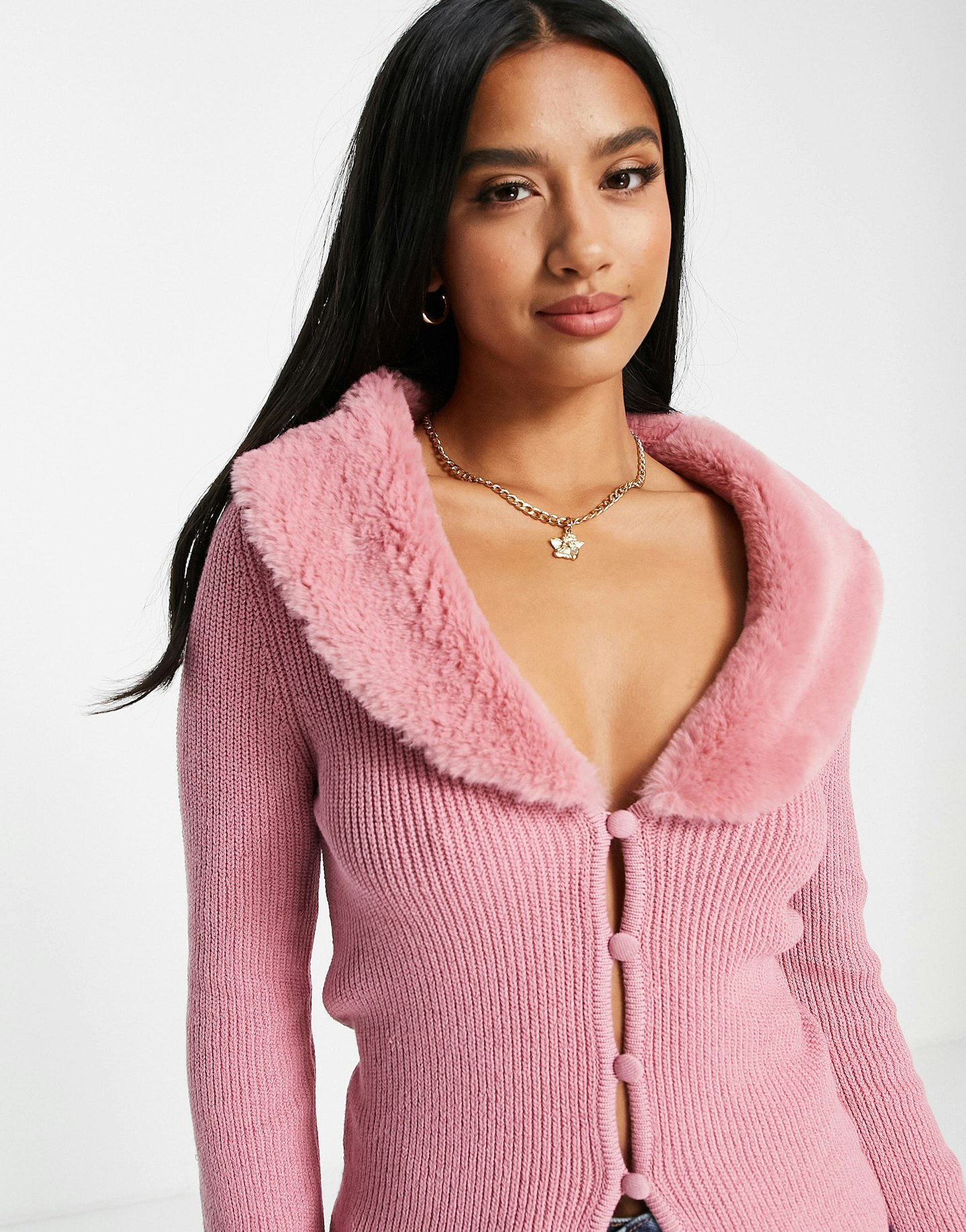 ASOS DESIGN Petite cardigan with faux fur collar in pink