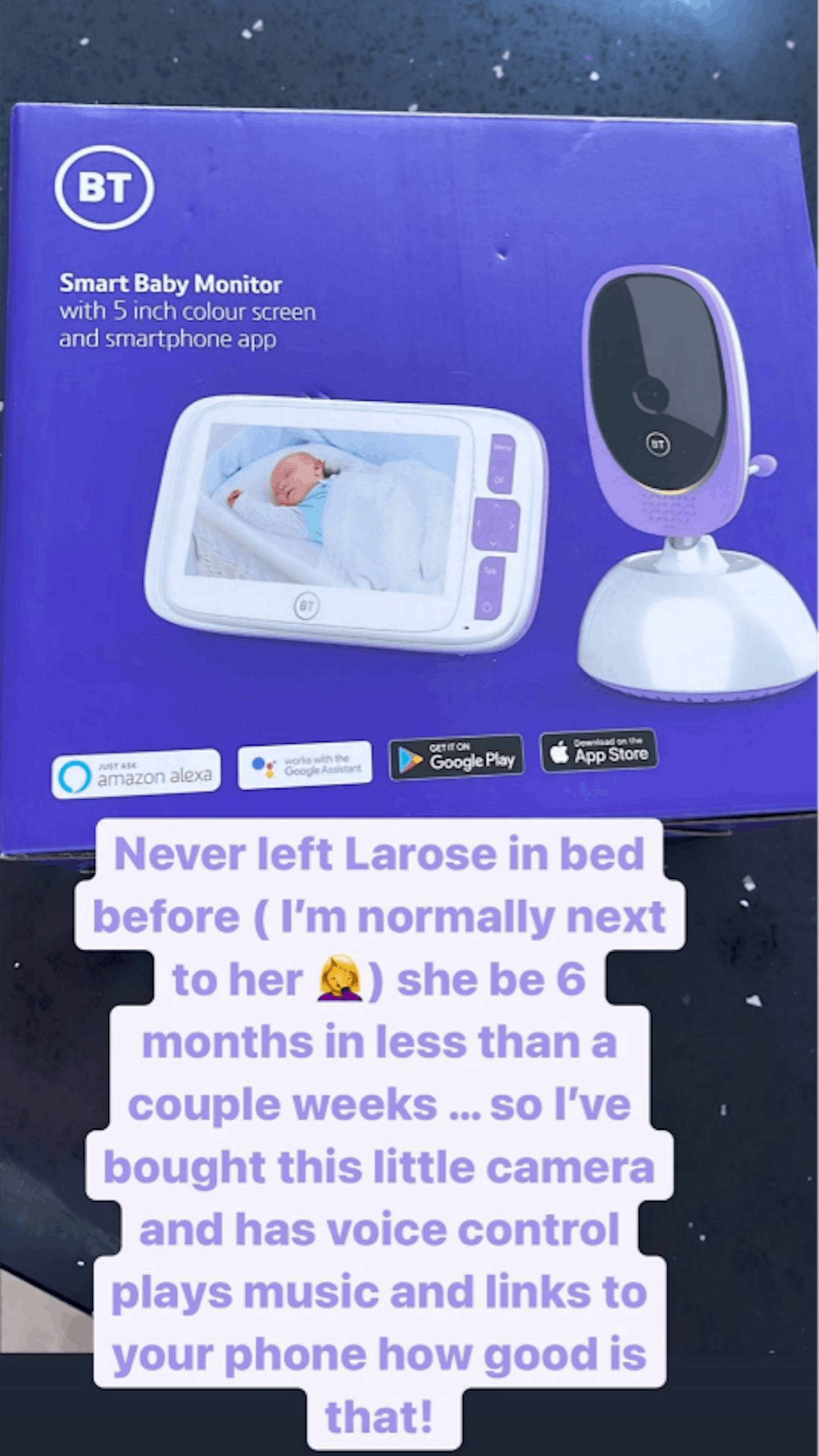 Lauren Goodger's instagram story. She shows a picture of the BT baby monitor with a caption.