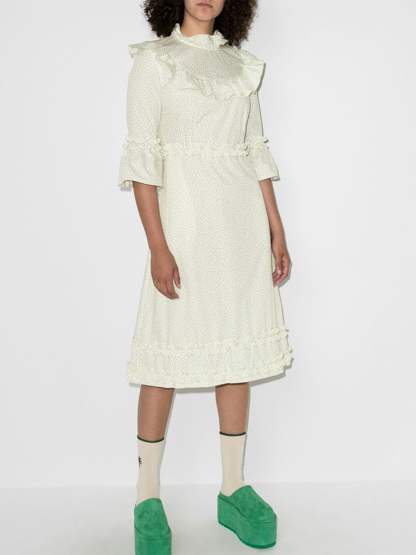 Batsheva, Bib Ruffled Floral Midi Dress, £375 at Brownsfashion.com