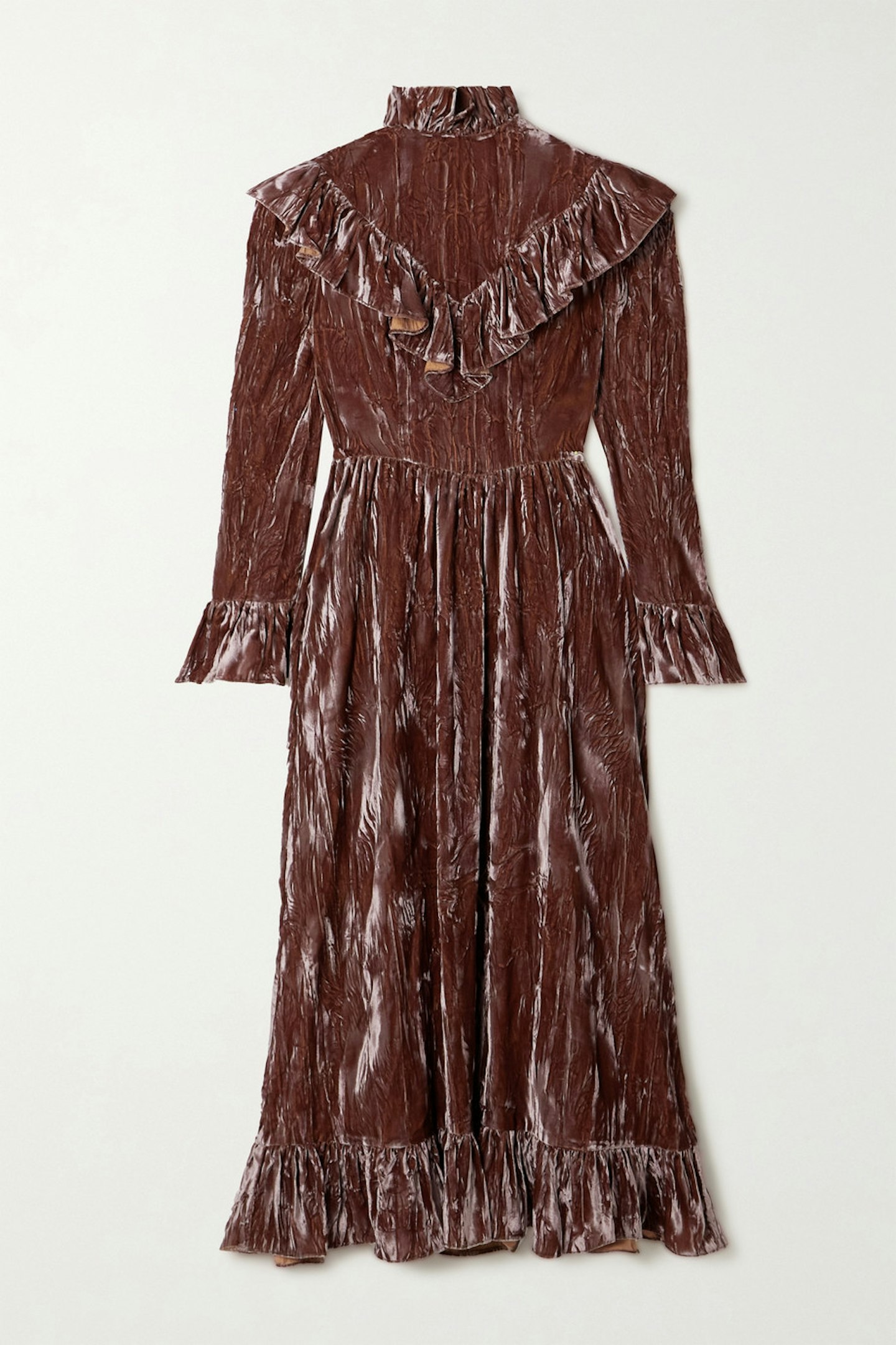 Batsheva, Carol ruffled crushed-velvet maxi dress, £350 at net-a-porter.com