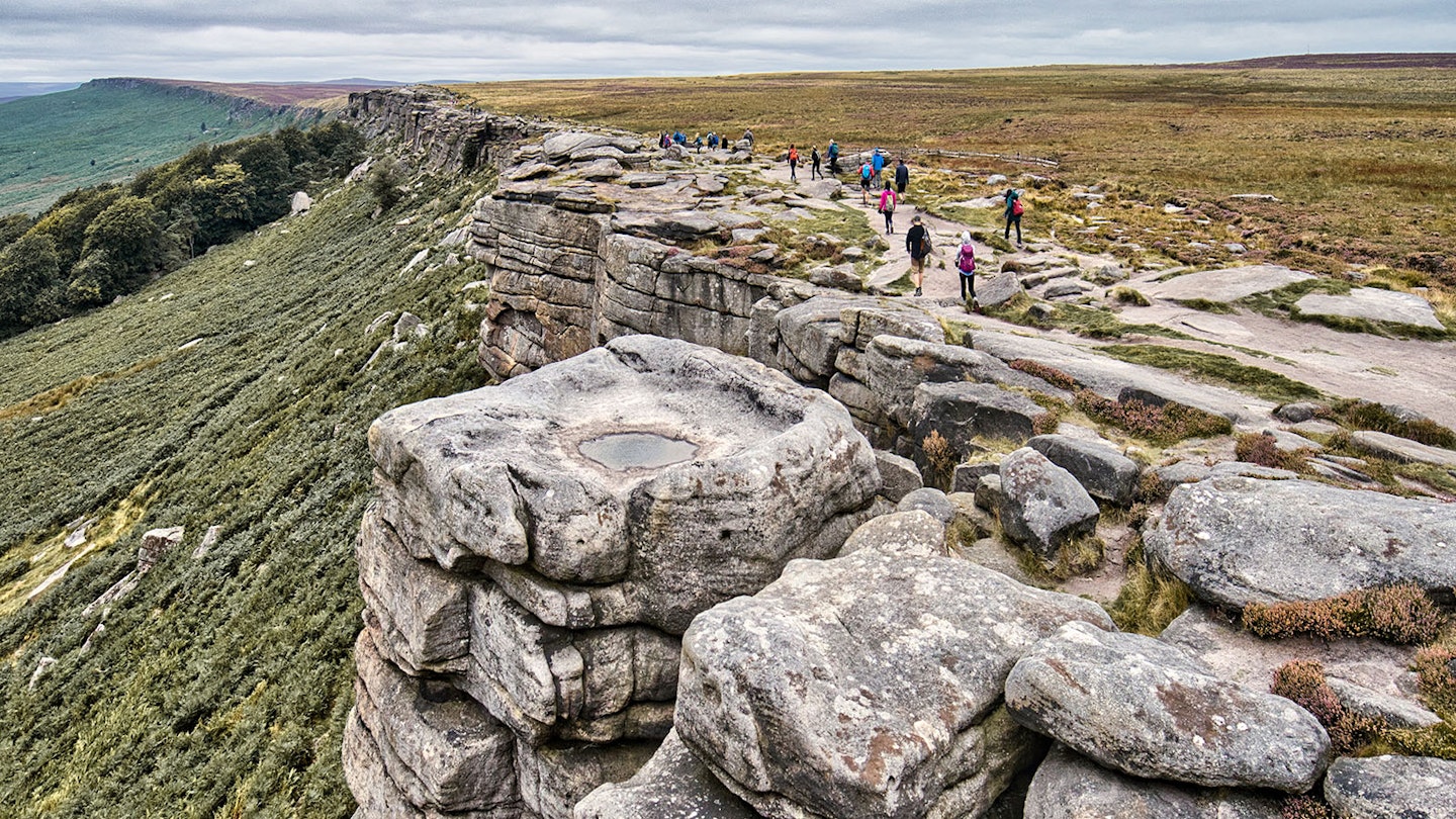 Stanage Edge, a famous rock-climbing spot, offers edge-top walking or scrambling fun.