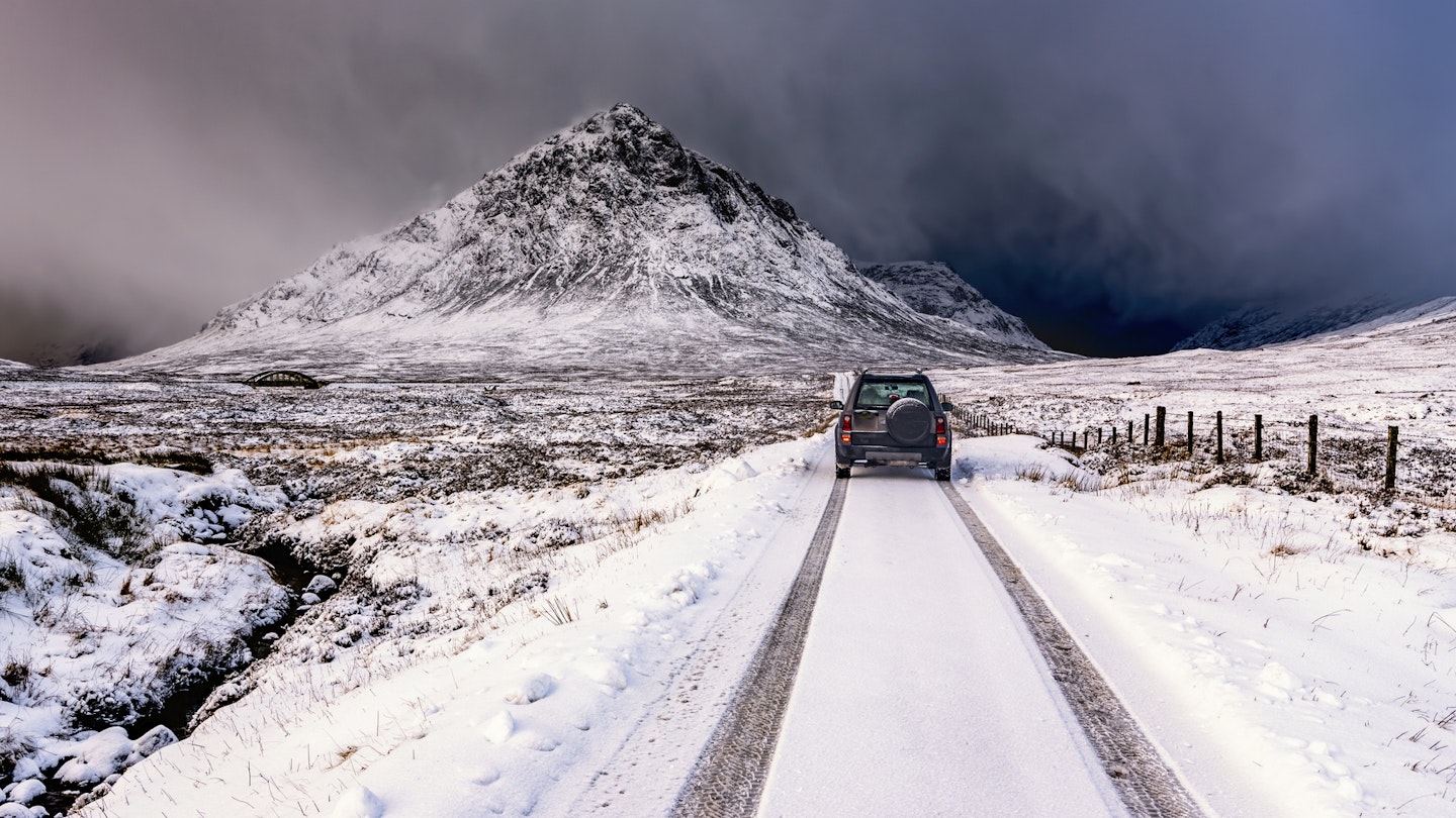 Land Rover Freelander on a snowy road in Scotland