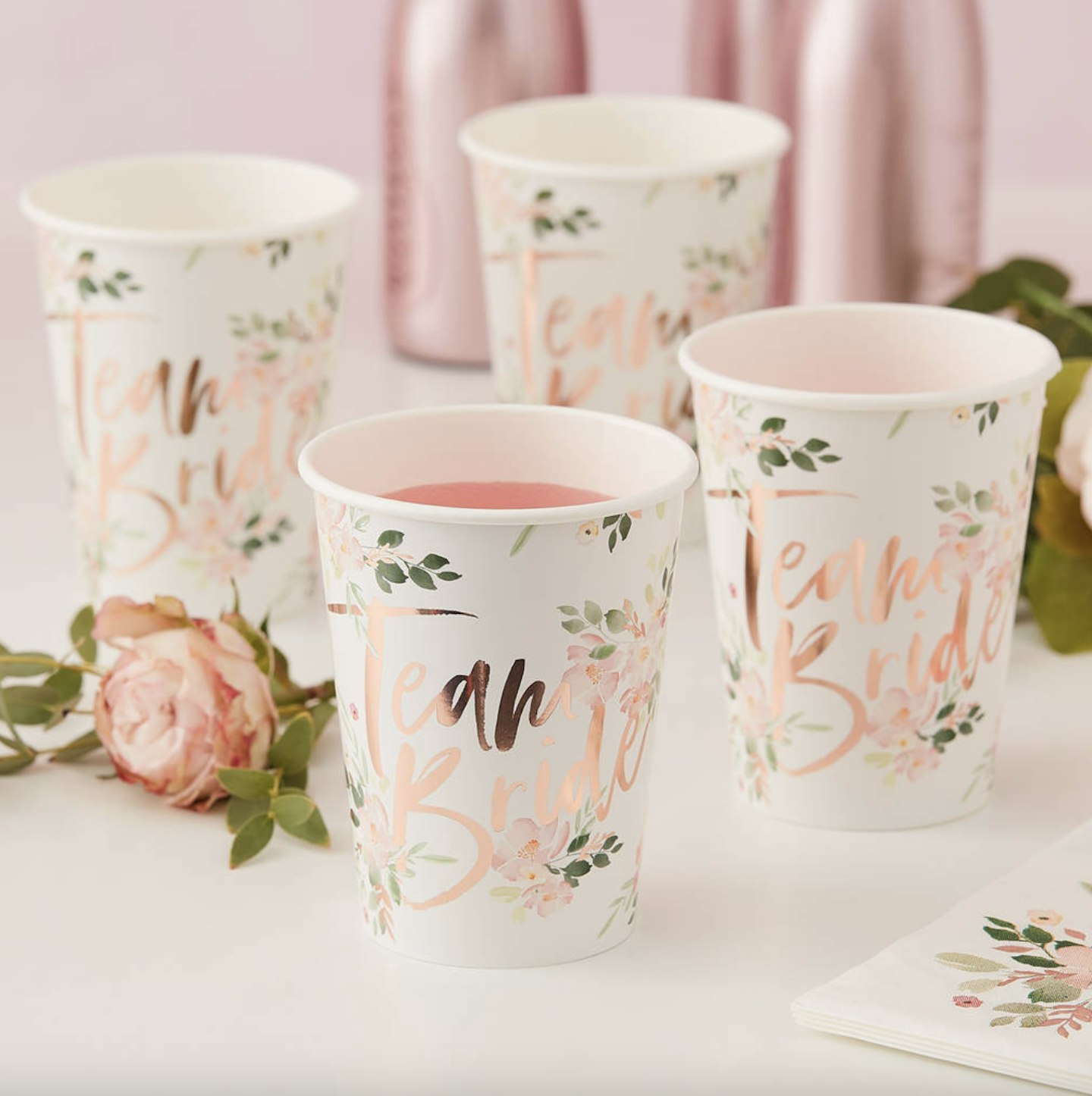 Rose Gold Foiled Floral Team Bride Paper Cups