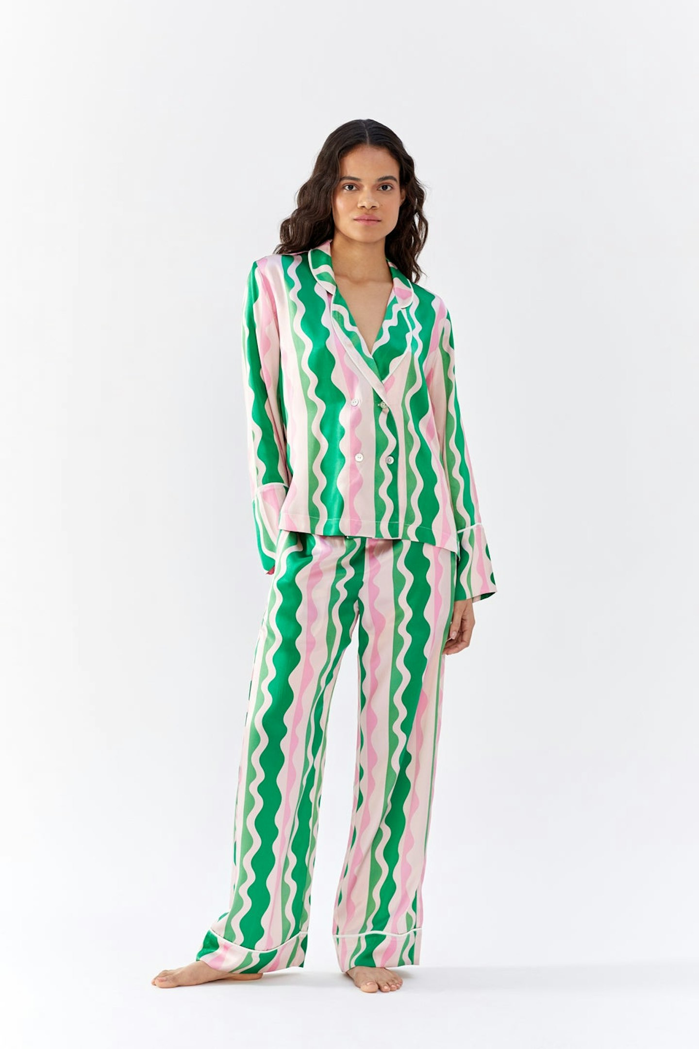 Hesper Fox London, Dietrich Pink Wave Silk Pyjama Set, £360