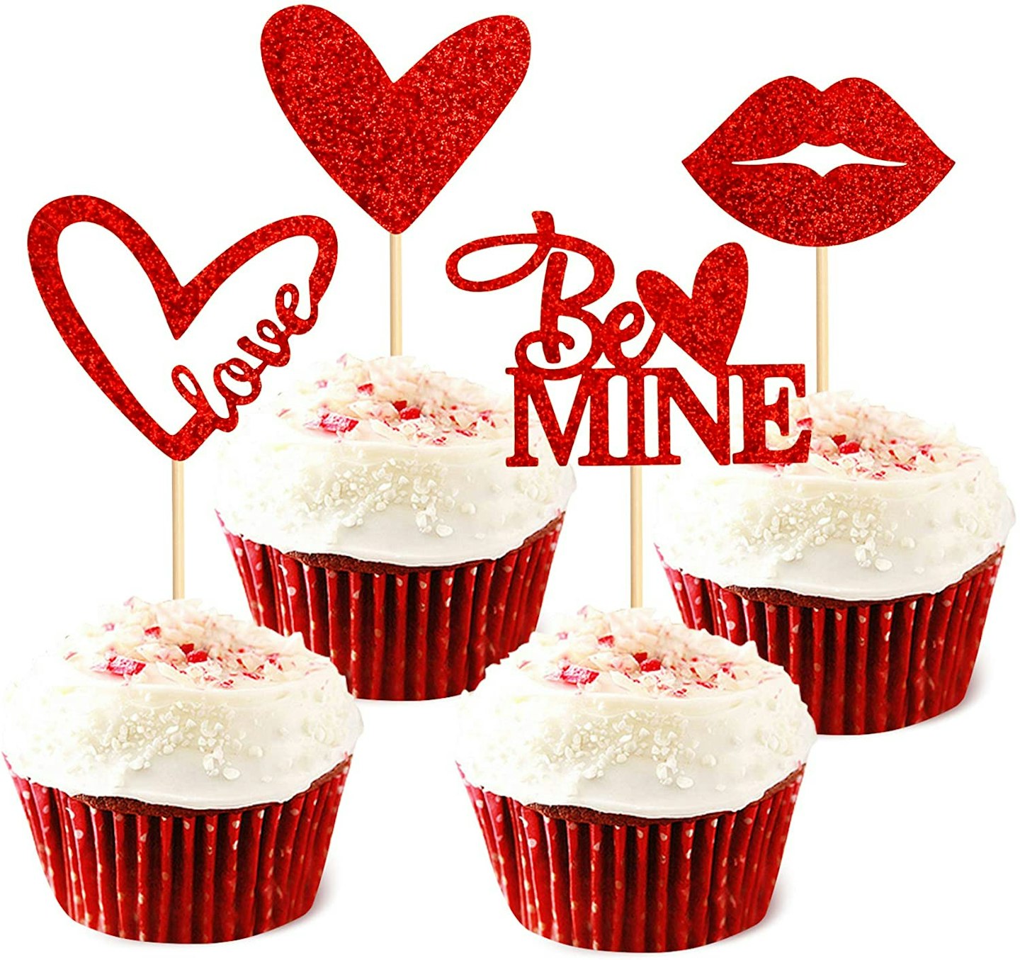Red Glitter Valentine Cupcake Toppers