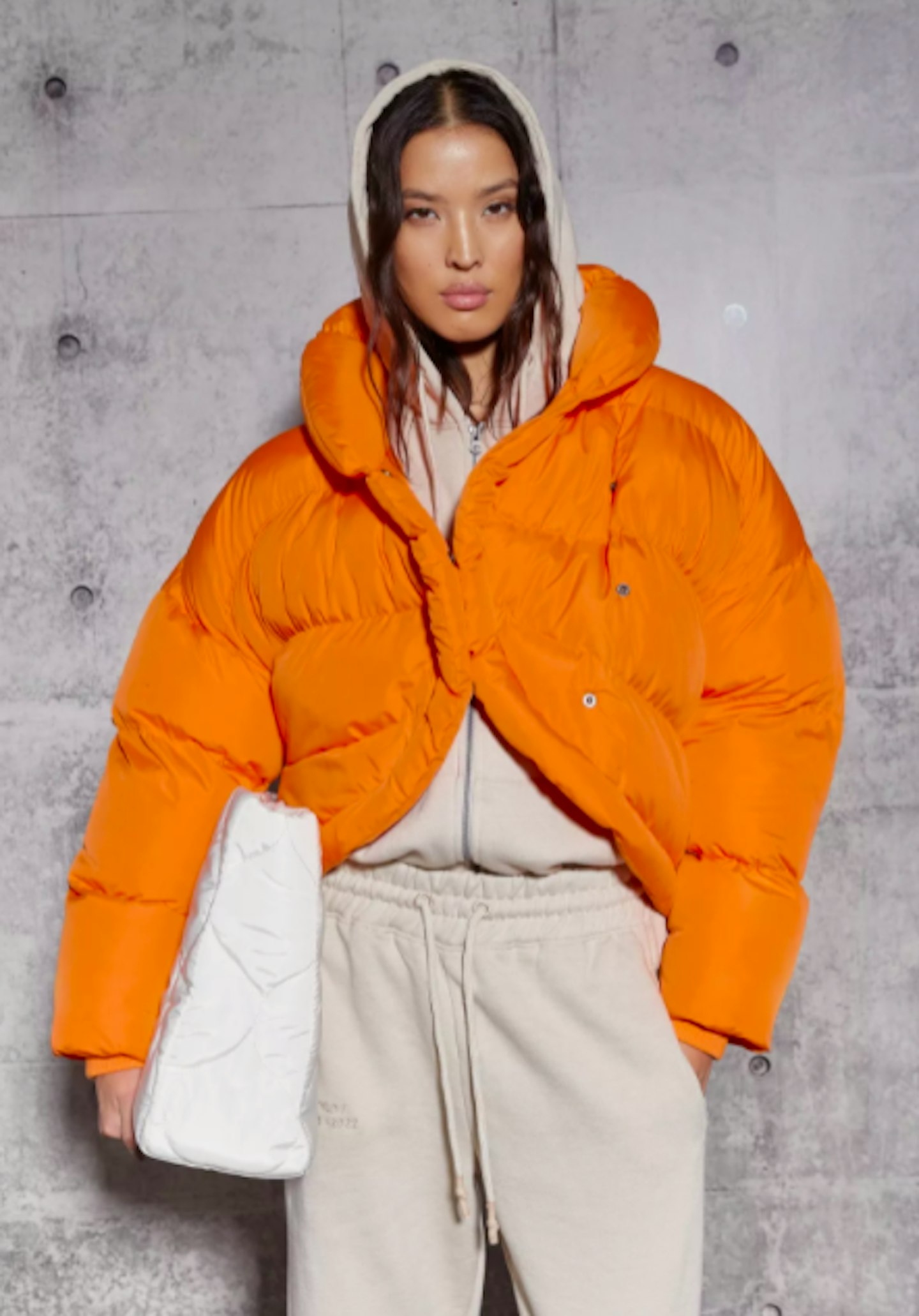 re_styld orange curved hem puffer coat