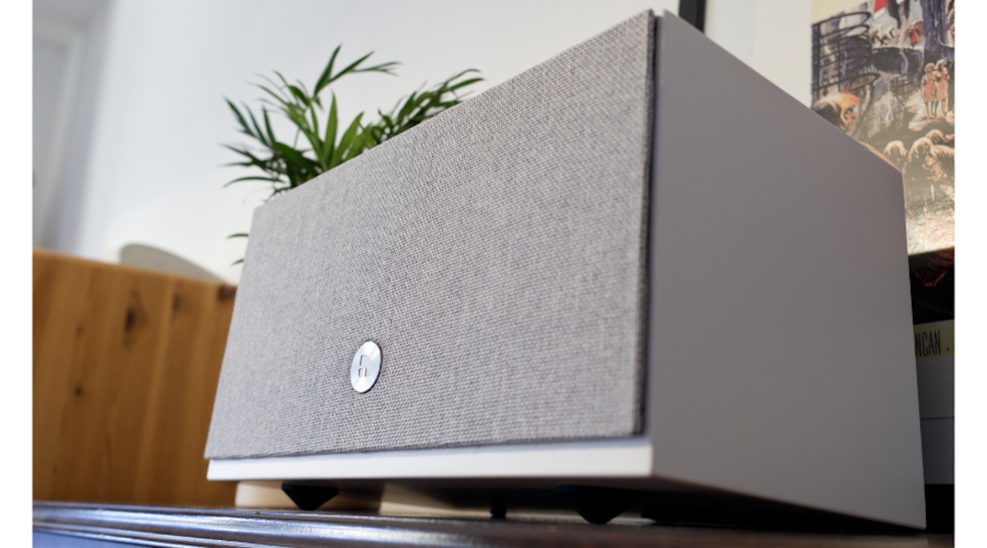 Audio Pro C10 MKII on side board, with its grille from a low angle
