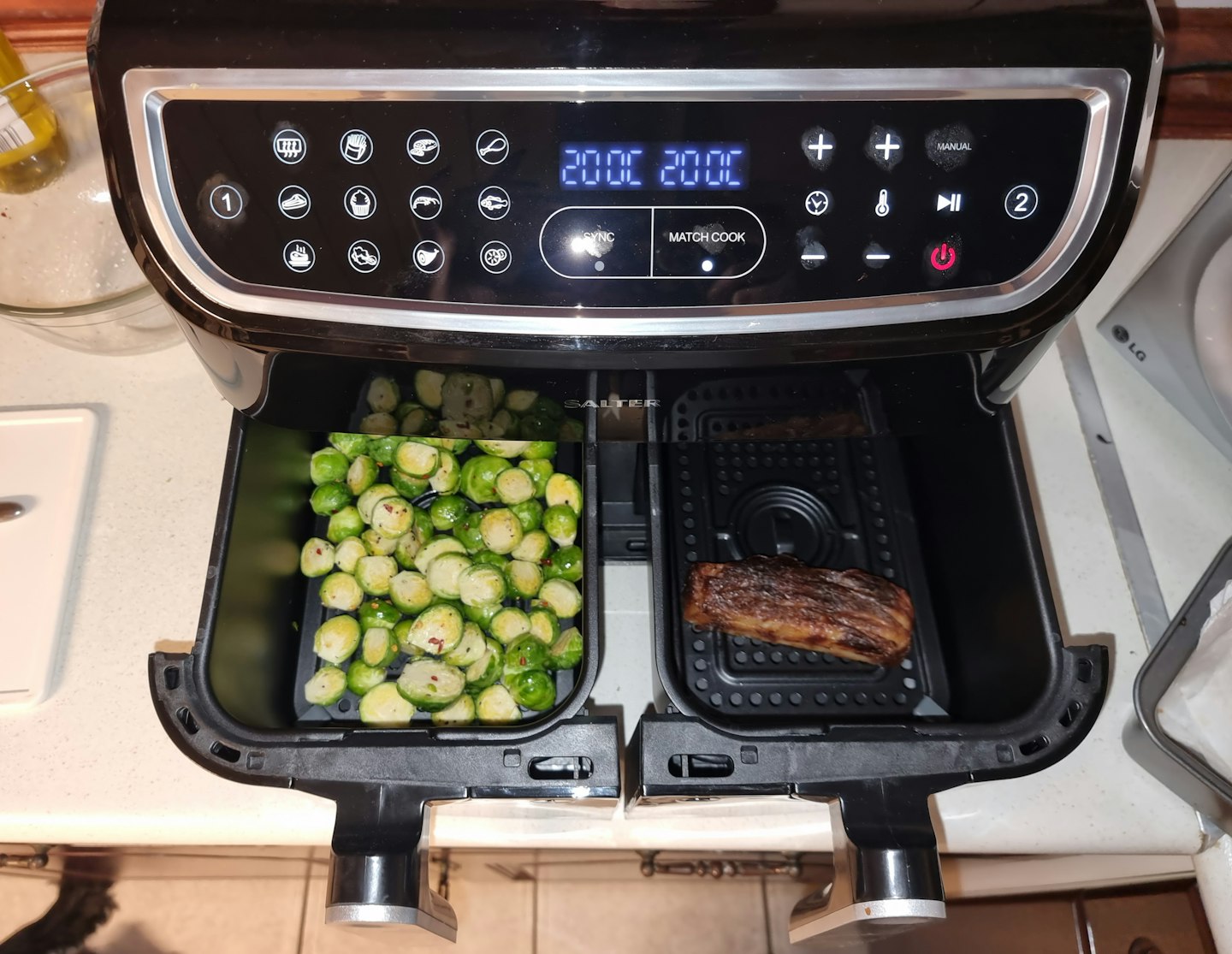 Salter Dual Air Fryer drawers open with food