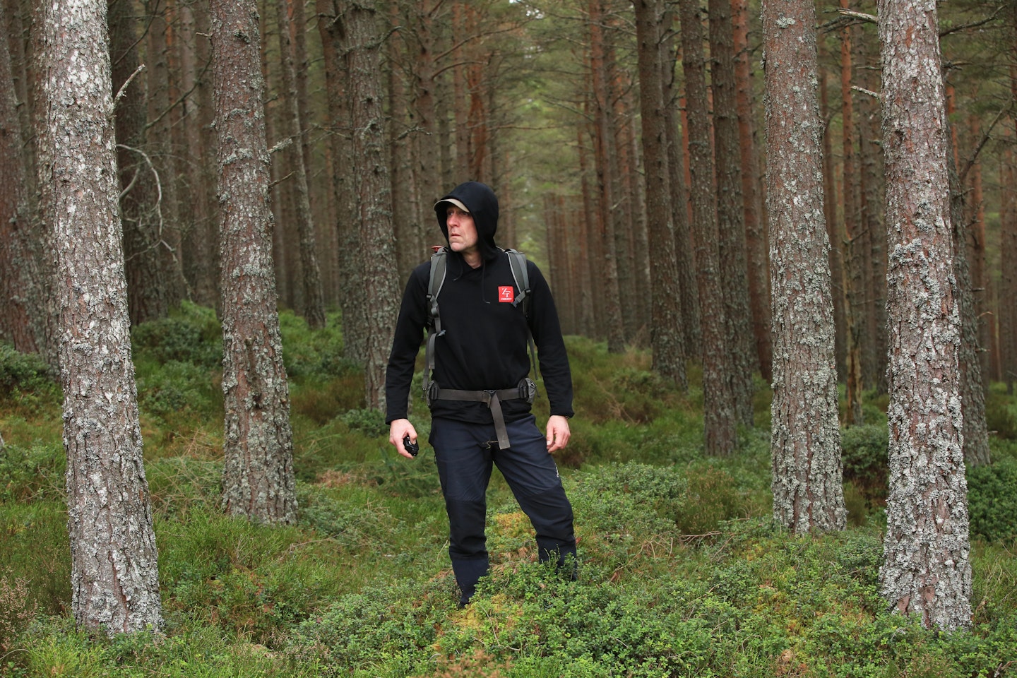 Hiker wearing mid layer in forest