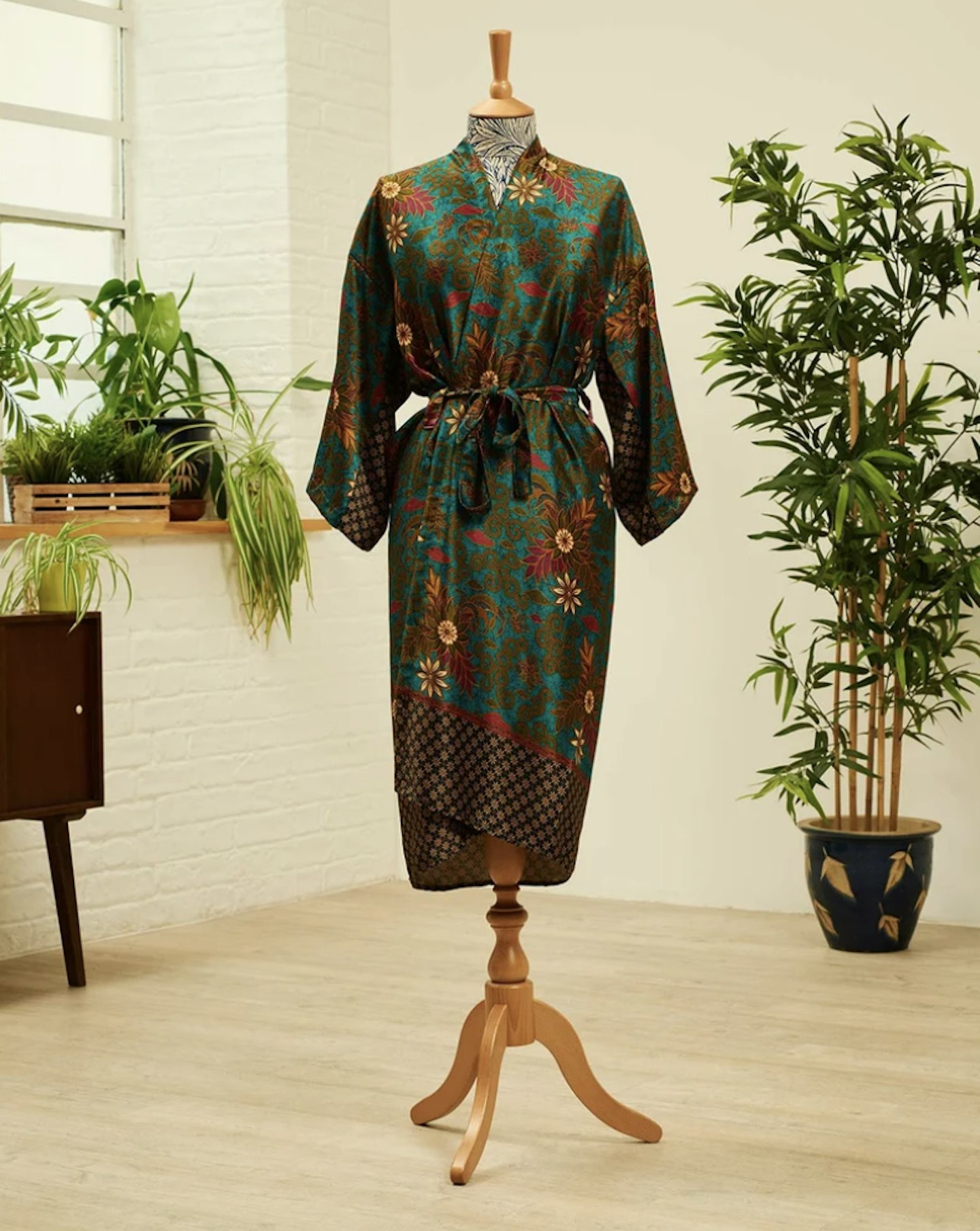 Emerald silk blend kimono robe