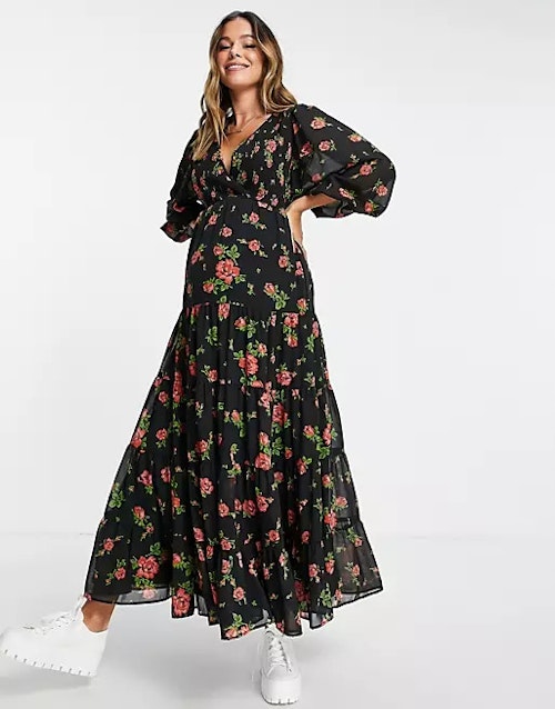 ASOS Design, Maternity shirred wrap tiered skirt maxi dress in black rose print, £40