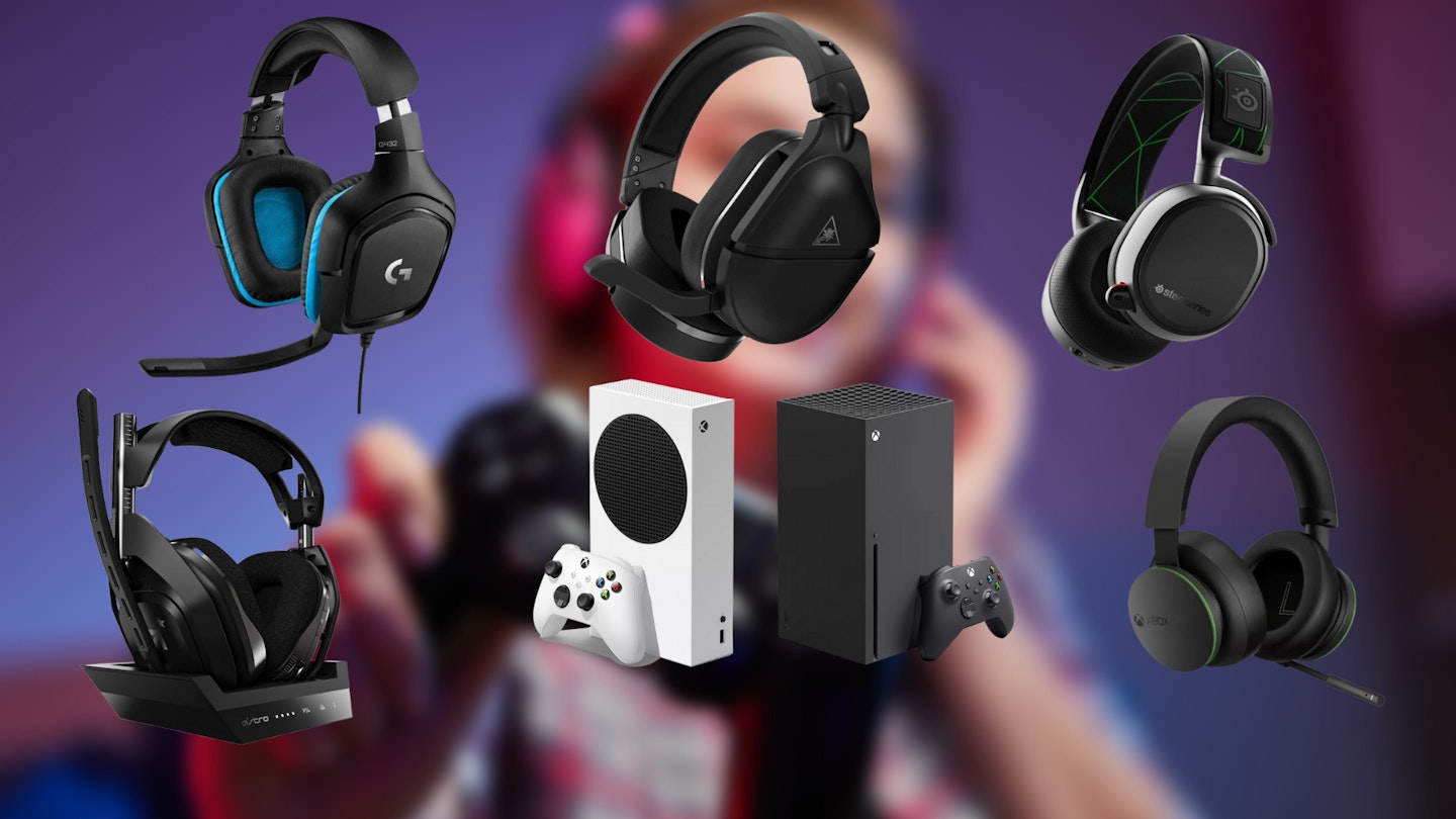 Xbox headsets surrounding Xbox Series X|S consoles