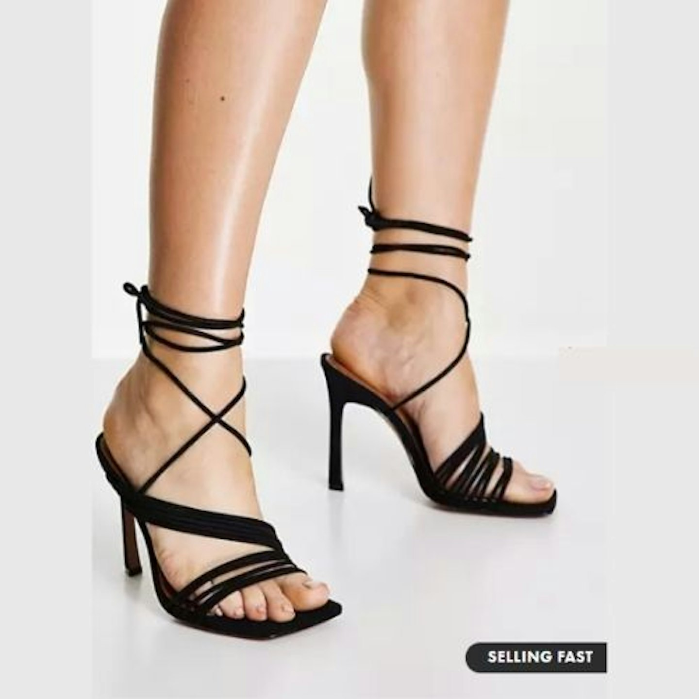 ASOS DESIGN Wide Fit Nest strappy tie leg heeled sandals in black