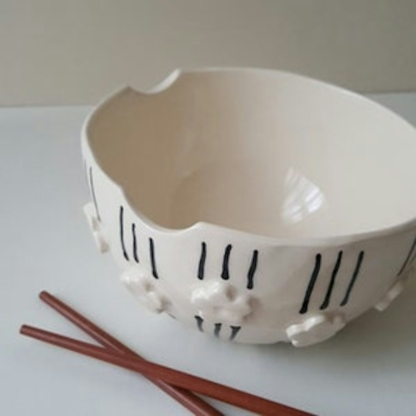 Handmade Ceramic Floral Noodle Bowl with Chopsticks