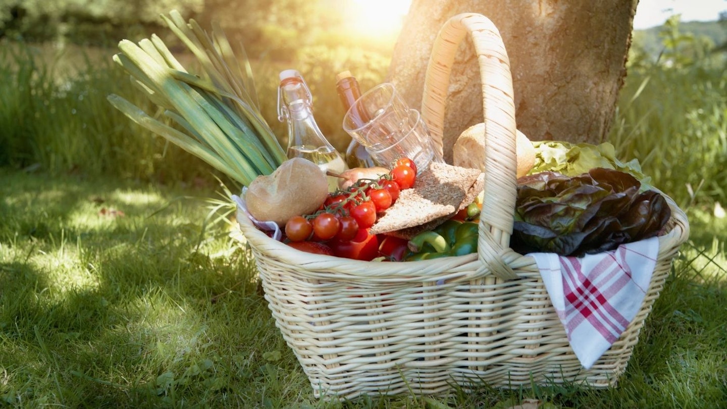 Germany, Cologne, View of picnic basket full of veg, bread and wine.