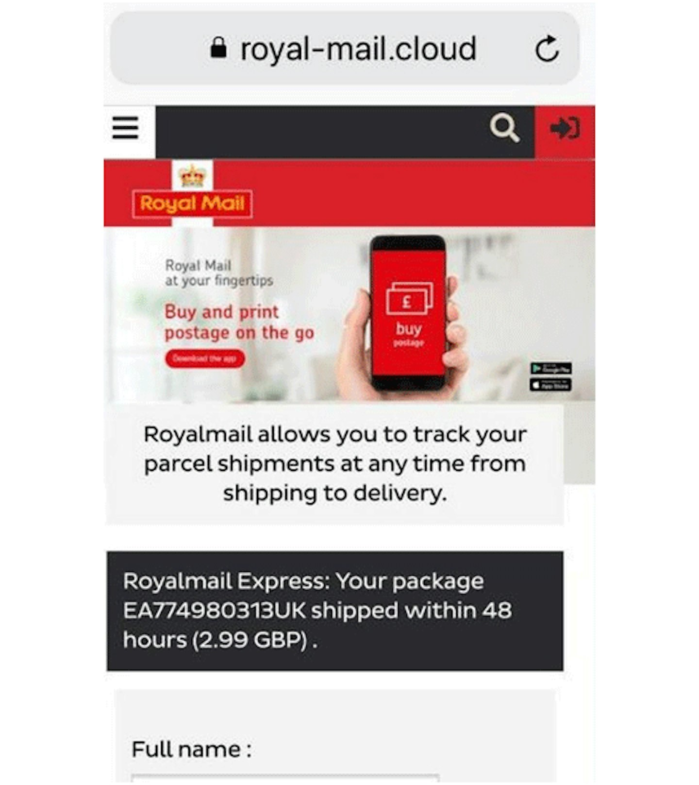 A link that takes you to a fake Royal Mail website