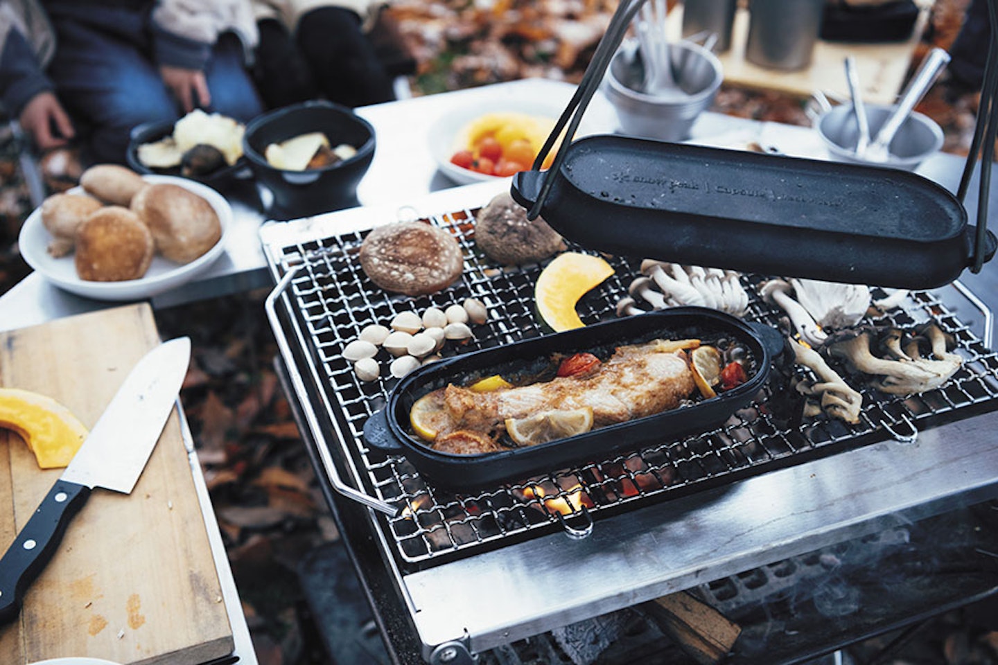 food cooking on a camping stove