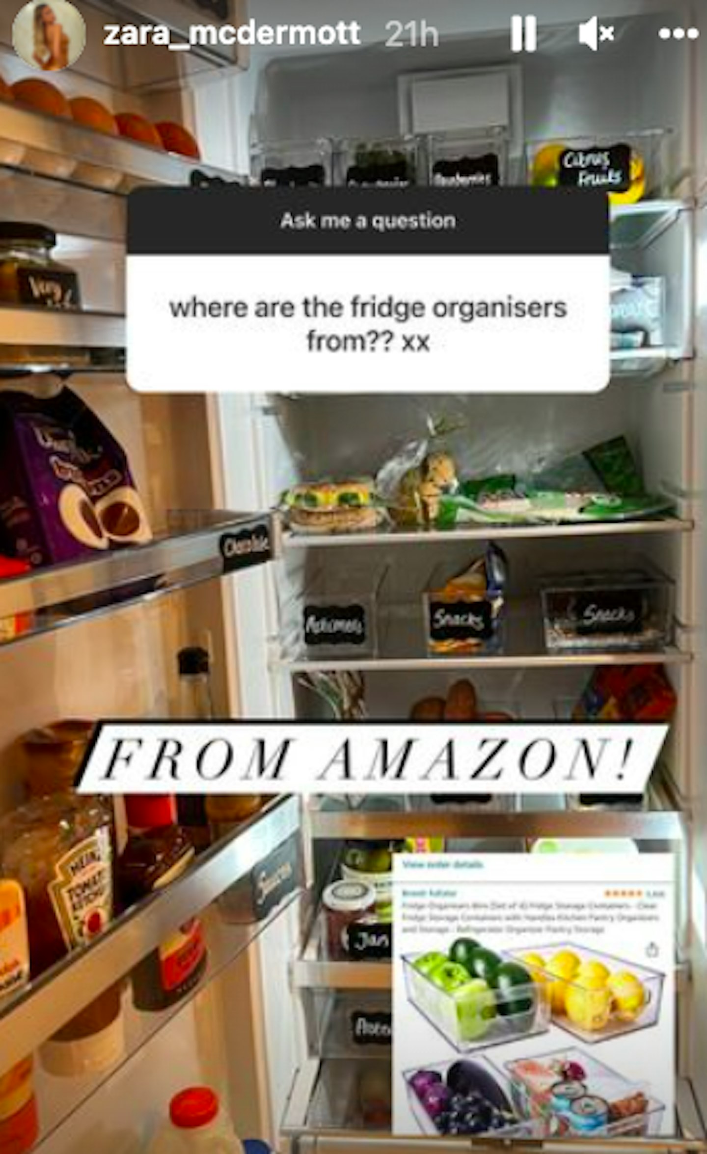 Zara McDermott fridge organisers