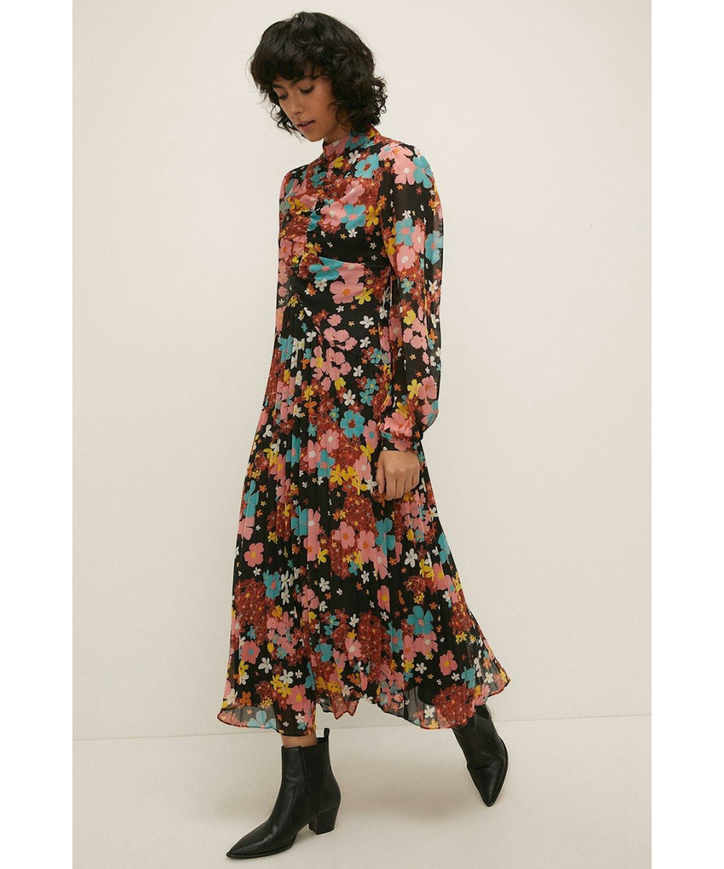 70s Floral Printed Pleated Ruched Front Midi
