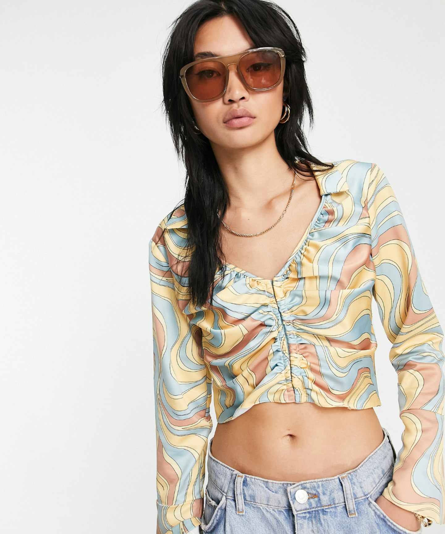 ASOS DESIGN Satin Ruched Front Top with Hook and Eye Detail in Swirl Print