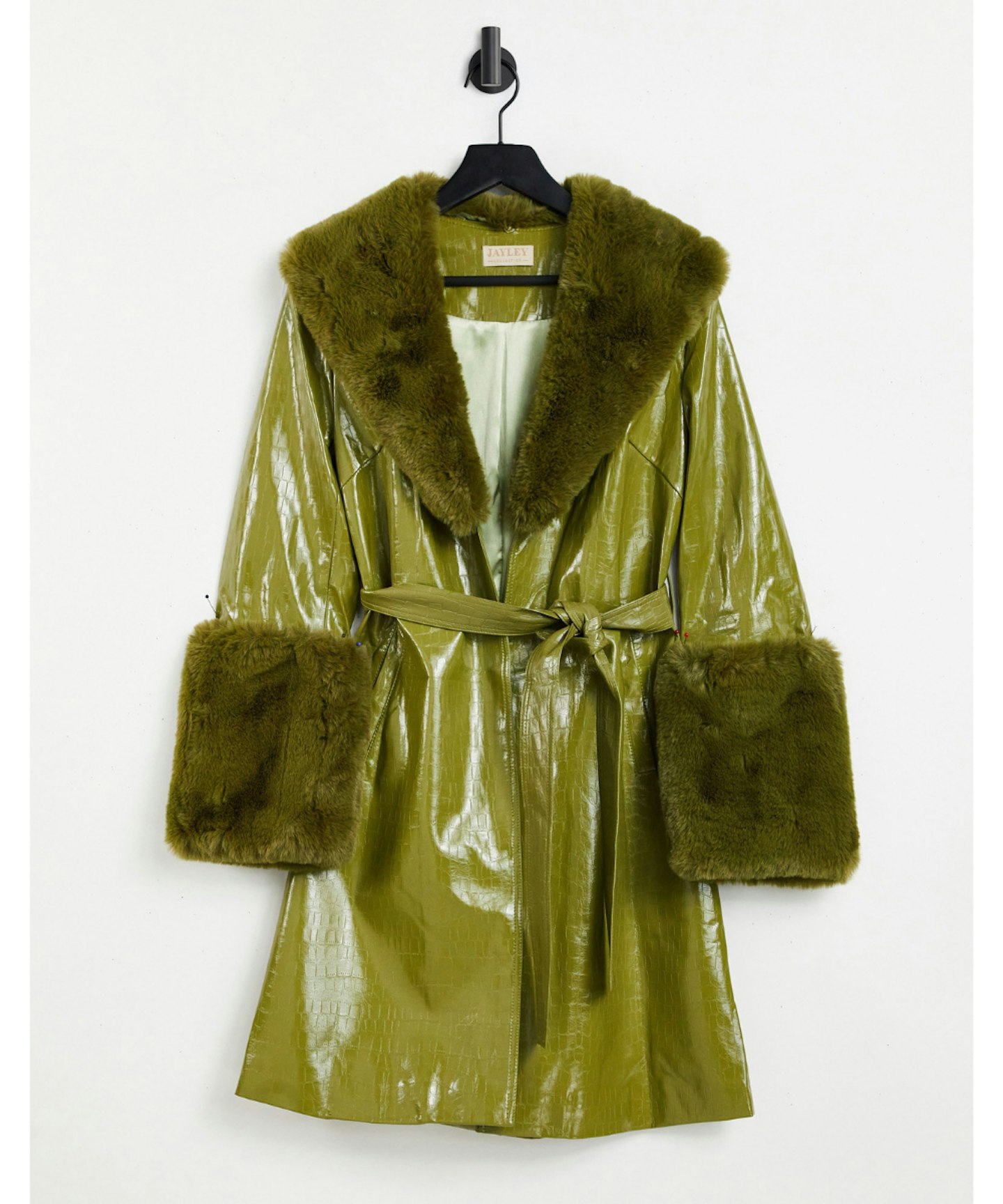 Jayley Faux Fur Trim Tie Waist Midi Coat in Green