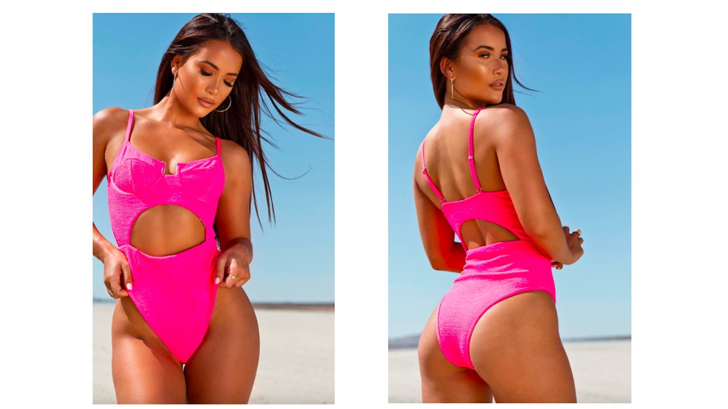 Neon pink mini crinkle underwired cut out swimsuit