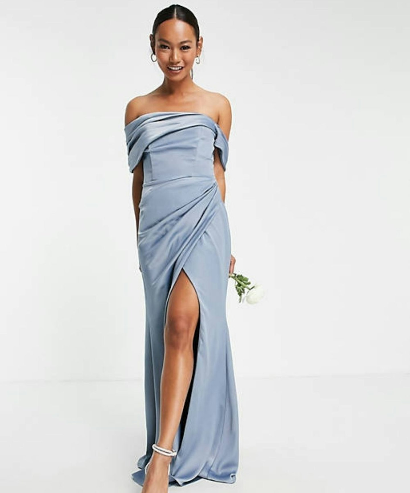 ASOS EDITION Satin Bardot Drape Wrap Maxi Dress