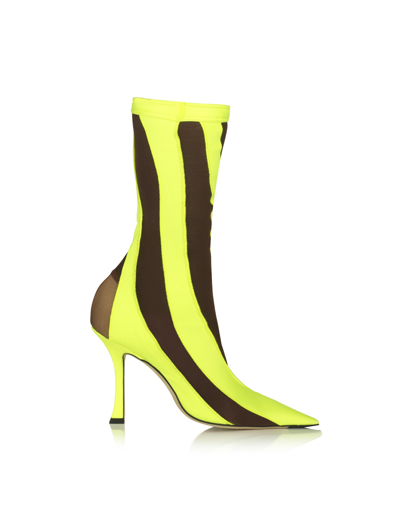 Jimmy Choo Mugler Neon Yellow and Dark Nude Sheer Spiral Stretch Fabric Sock Ankle Boots, £1,050