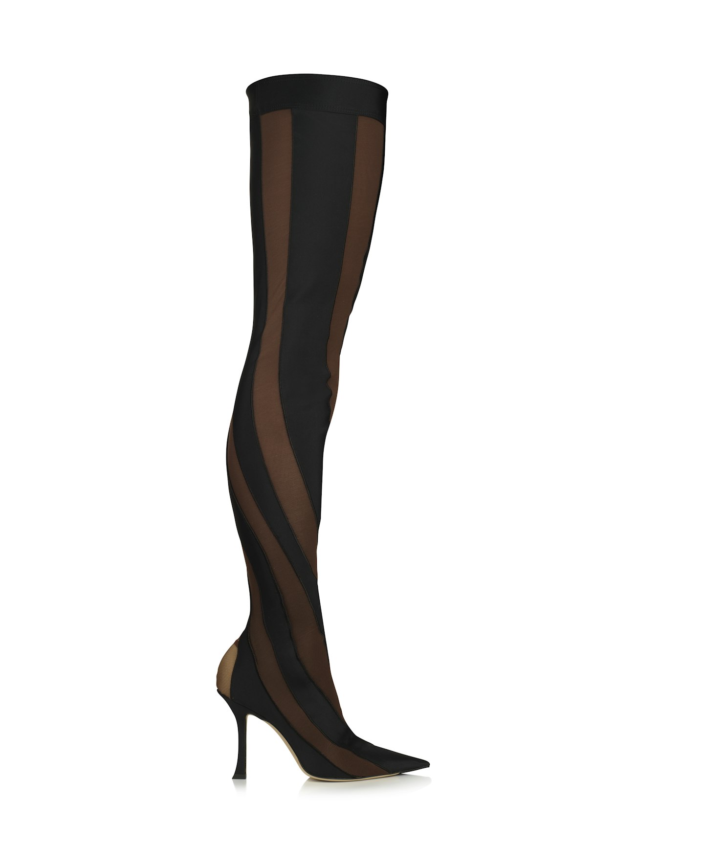 Jimmy Choo Mugler Black and Dark Nude Sheer Spiral Stretch Fabric Sock Over-The-Knee Boots, £1,425