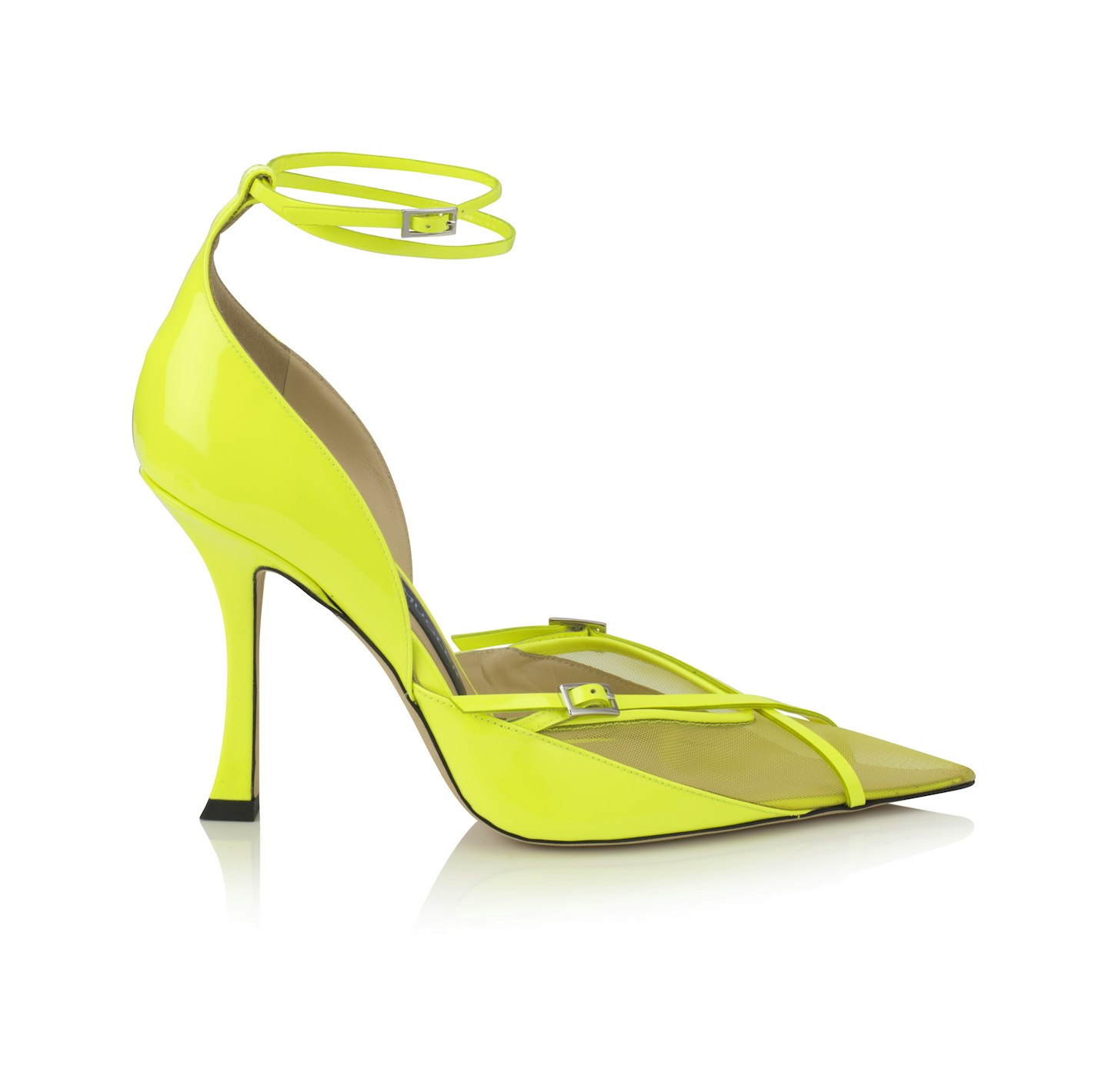 Jimmy Choo Mugler Neon Yellow Patent and Mesh Pumps with Straps, £750