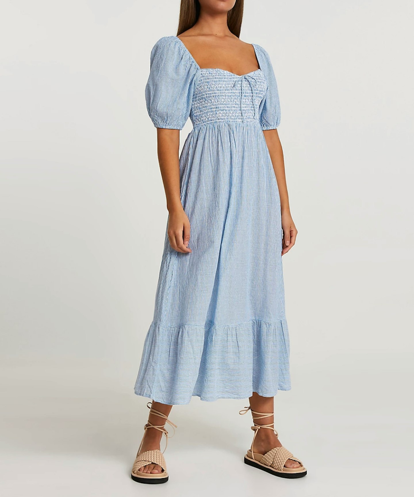 Blue Puff Sleeve Smock Midi Beach Dress Blue Puff Sleeve Smock Midi Beach Dress