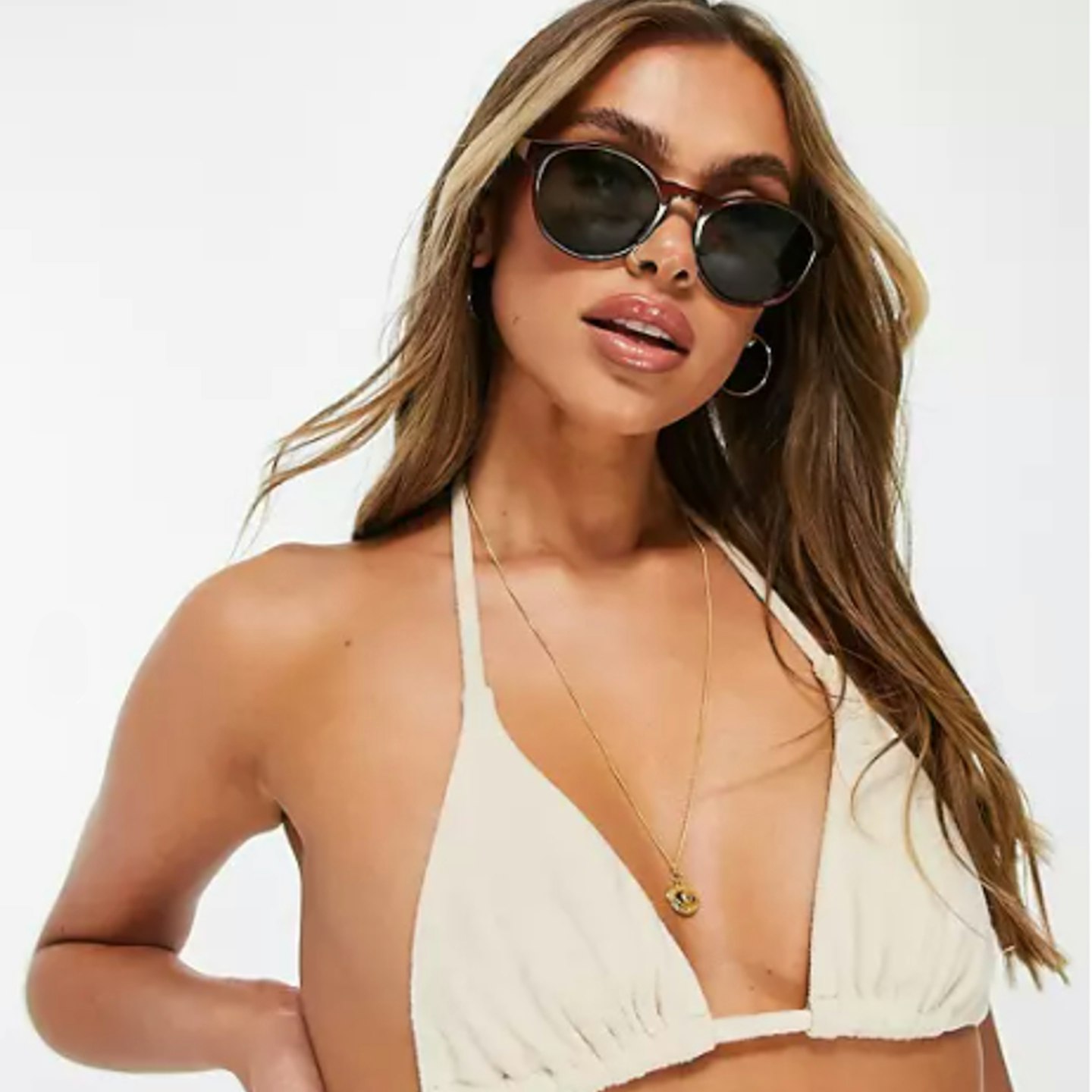 4th & Reckless triangle towelled bikini top in camel
