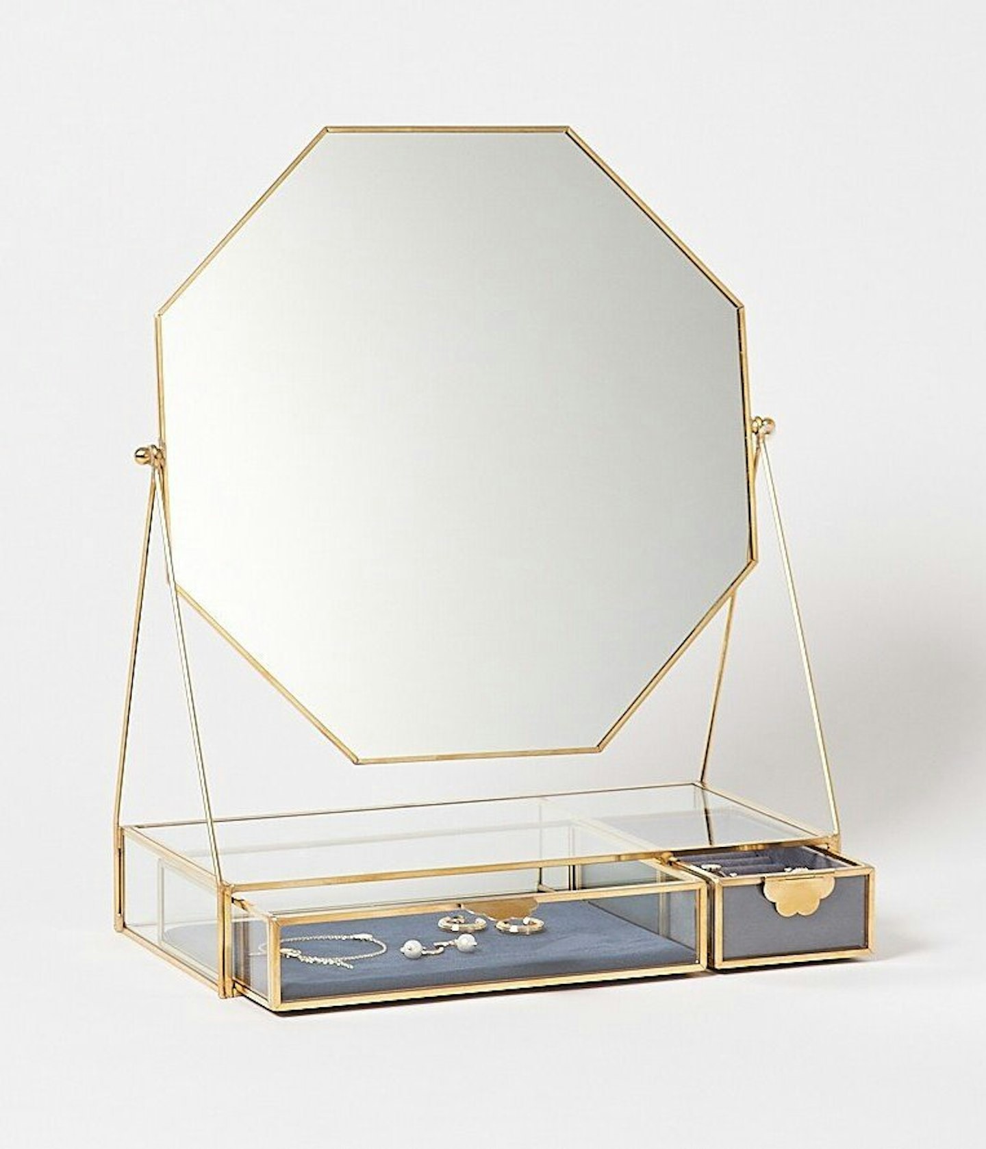 Oliver Bonas, Gold & Glass Scallop Pull Blue Velvet Octagonal Dressing Table Mirror, £69.50