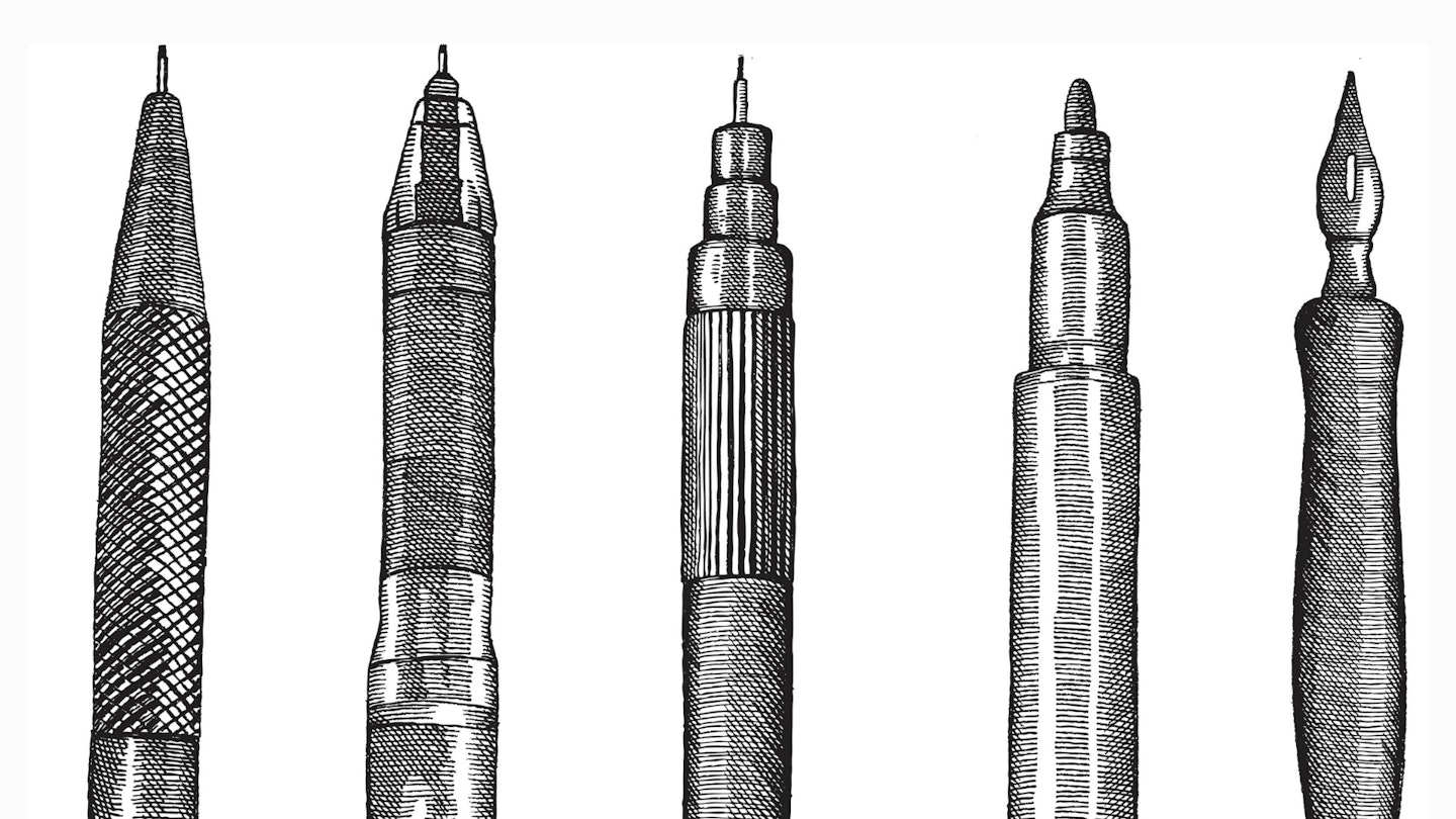 The best drawing pens for artists article, black and white drawing of various types of pens