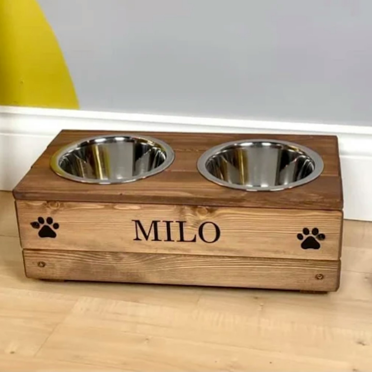 Food and Water Bowls: Personalised Raised Wood Dog Bowls