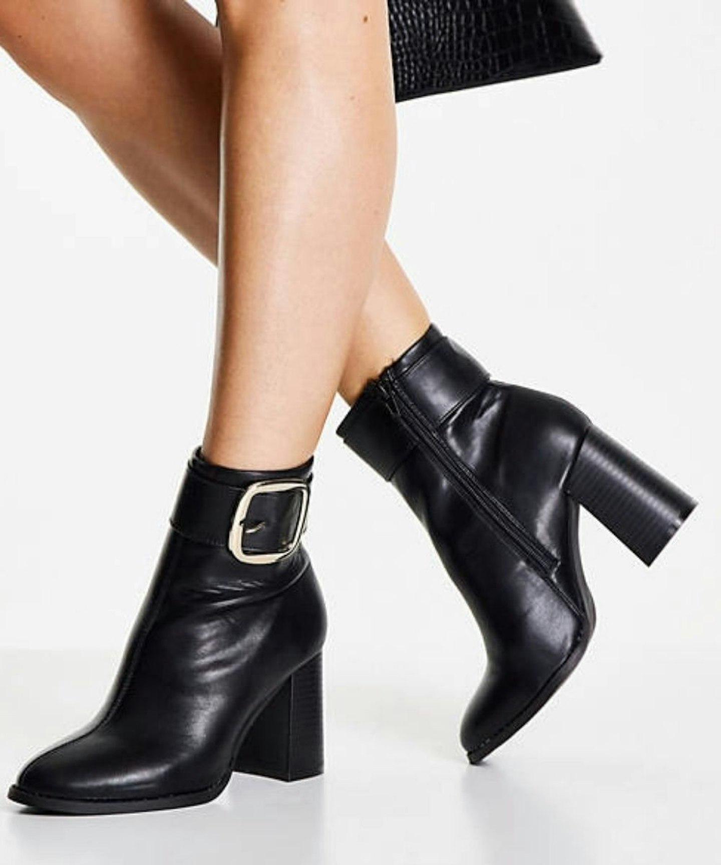 ASOS DESIGN Wide Fit Repeat block heel buckle boots in black