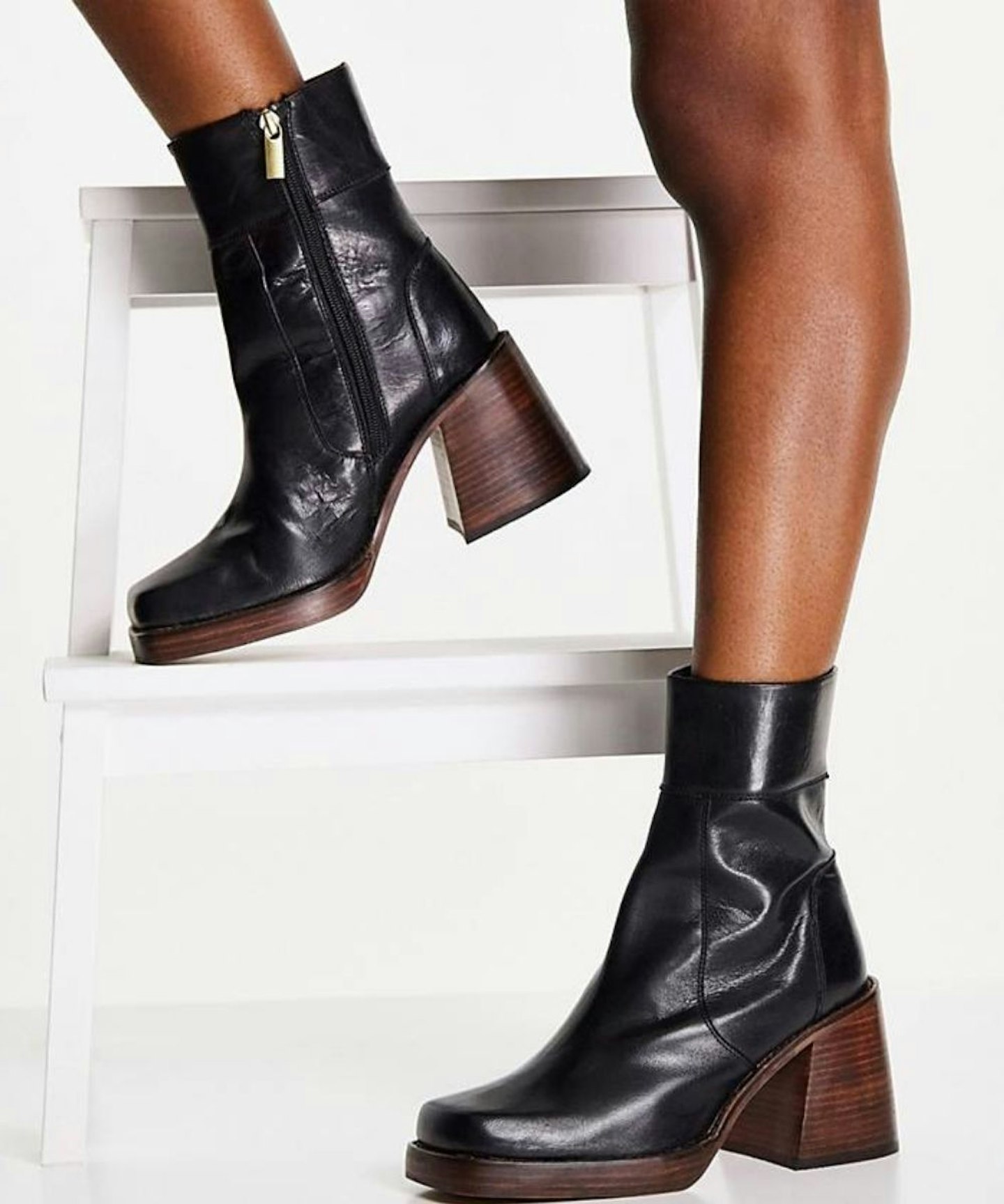 ASOS DESIGN Wide Fit Region leather mid-heel boots in black