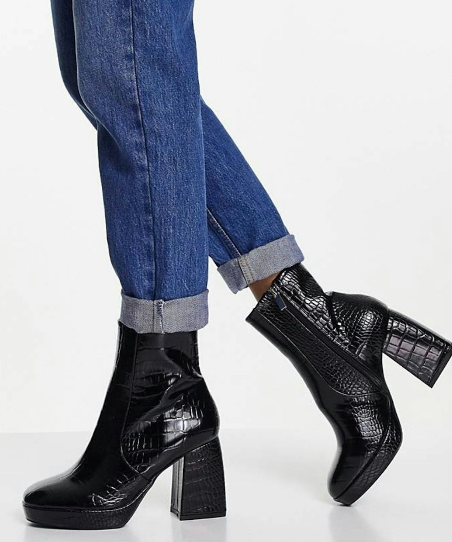 ASOS DESIGN Wide Fit Era high-heeled platforms boots in black croc