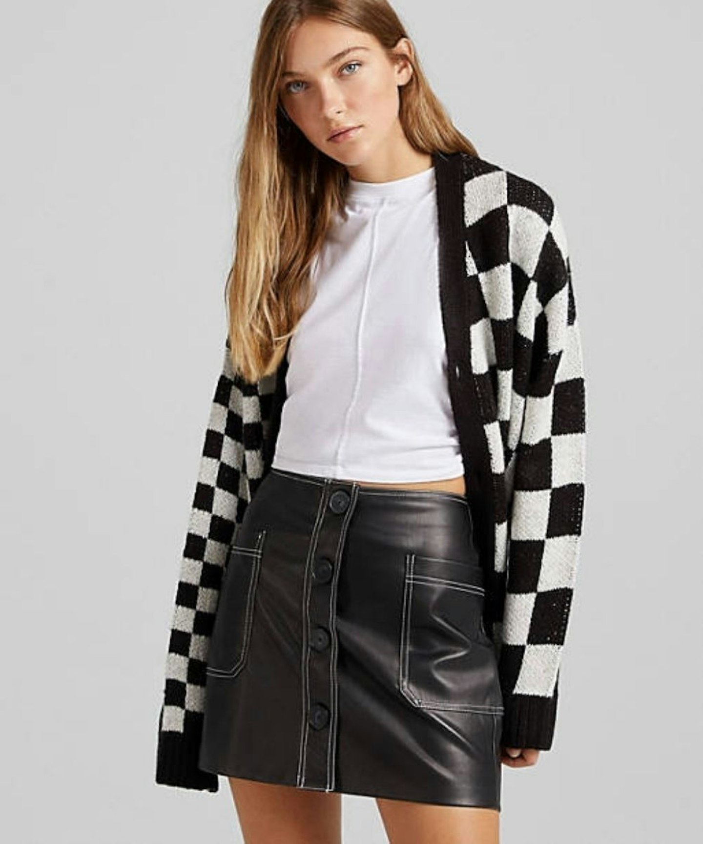 Bershka Contrast Seam Pocket Faux Leather Mini Skirt