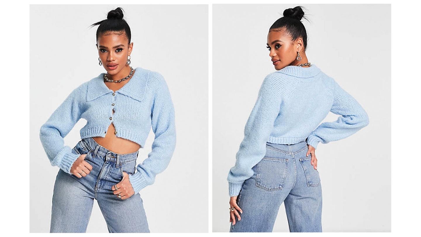 Cassie's blue cropped cardigan