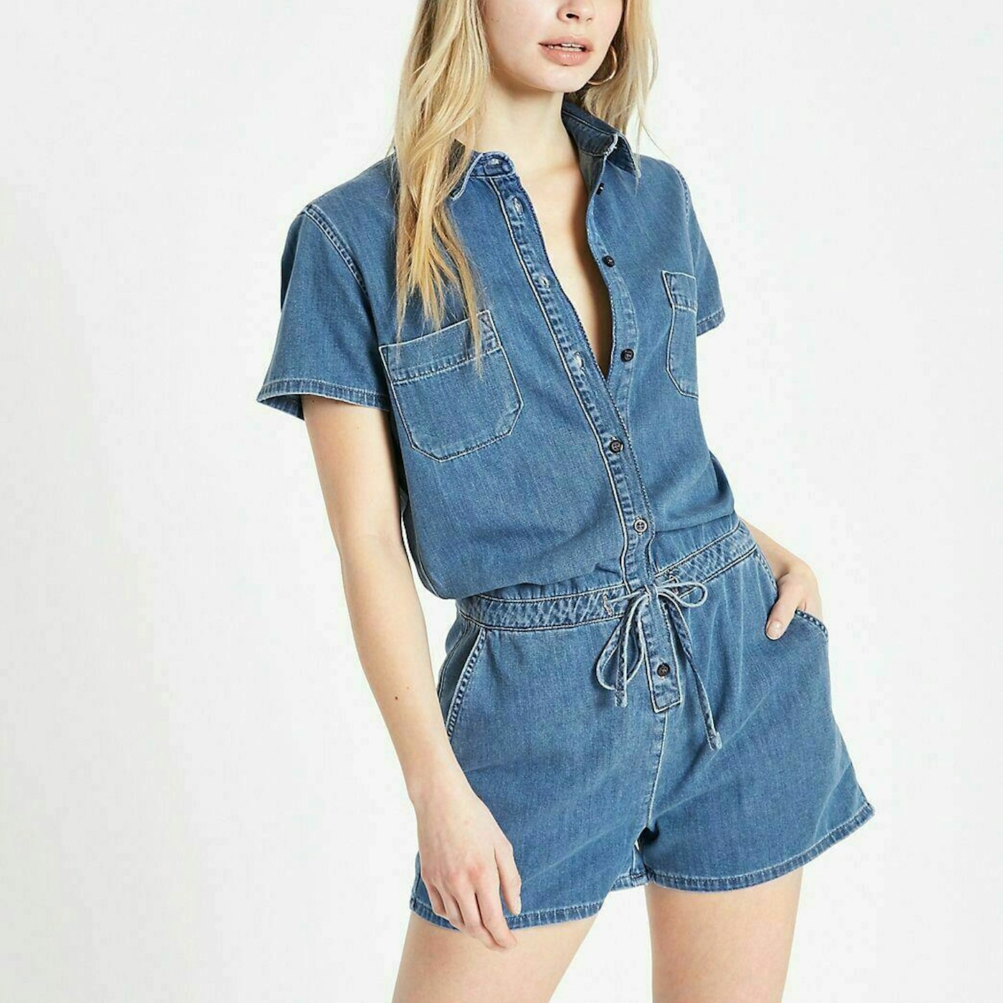 River Island Womens Mid Blue Utility Denim Playsuit
