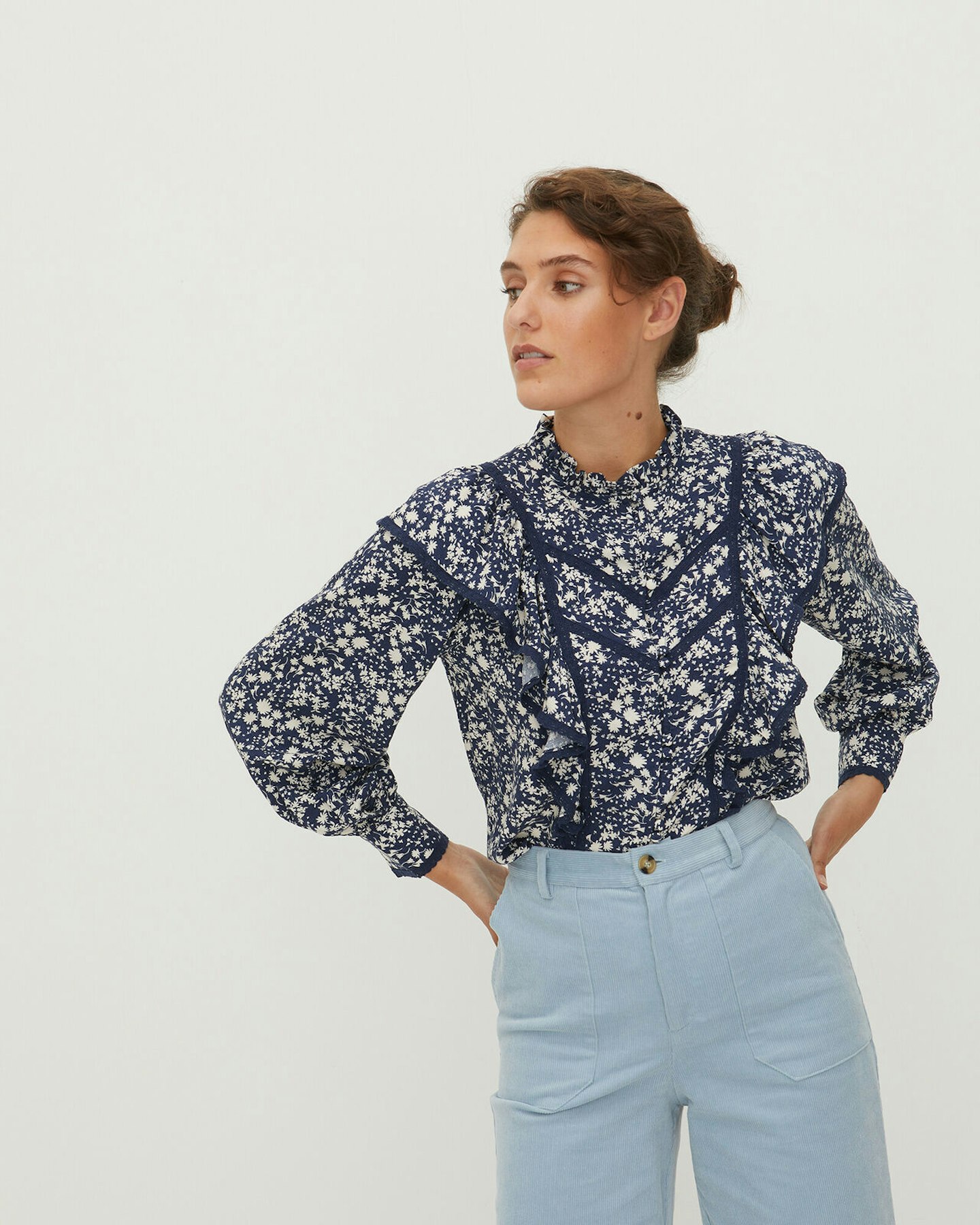 Oliver Bonas Women Floral Print & Frilled Lace Trim Blue Blouse