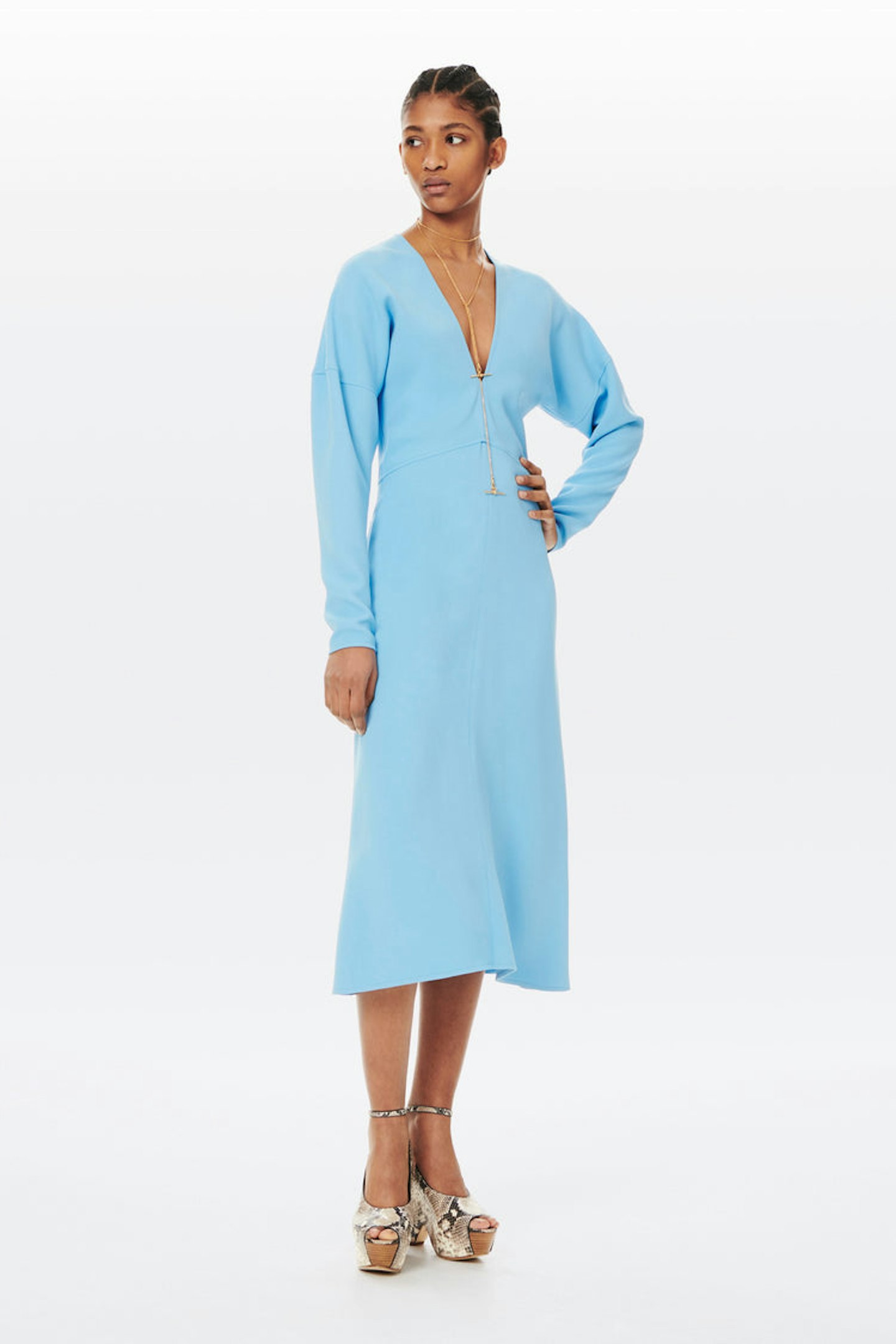 V-neck Dolman Sleeve Midi Dress in Sky Blue, £890